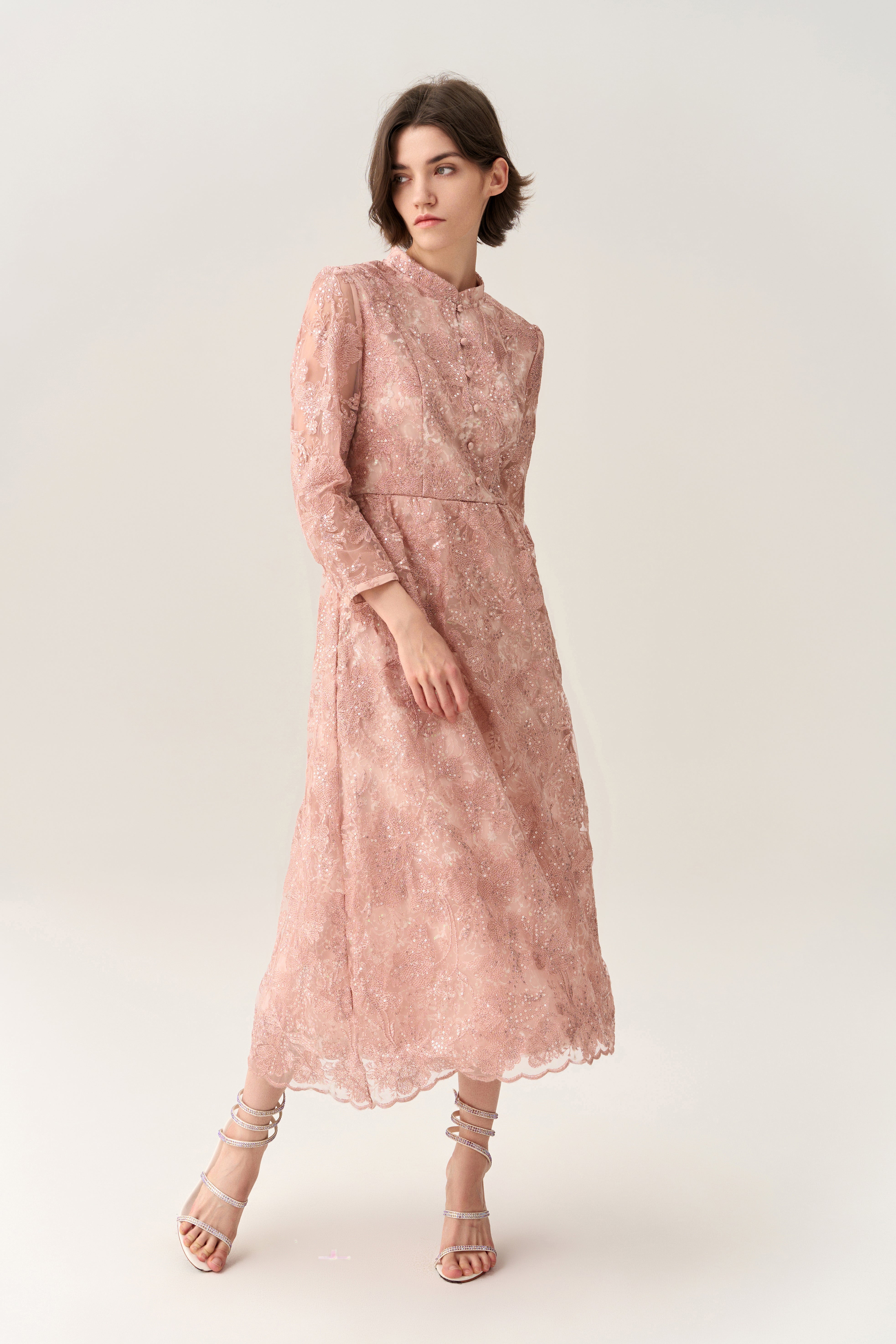 Elegant Button-Up Dress with Embroidery & Sequin Details - Scallop Hem Flowy Dress for Women | Perfect for Parties, Weddings & Special Occasions