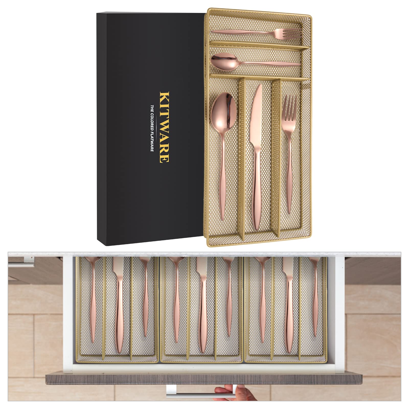 40-Piece Rose Gold Silverware Set with Organizer - Stainless Steel Flatware for 8 - Mirror Polished Cutlery for Home, Kitchen, Restaurant & Hotel (Includes Spoons, Forks, Knives) - Perfect for Dinner Parties, Weddings & Elegant Dining
