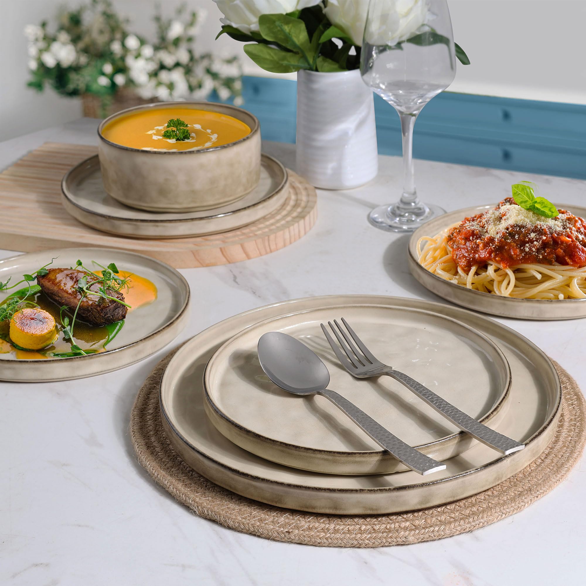 12-Piece Ceramic Dinnerware Set for 4 - Includes Dinner Plates, Salad Plates & Bowls - Microwave & Dishwasher Safe - Sandy Beige - Perfect for Family Meals, Dinner Parties & Everyday Use