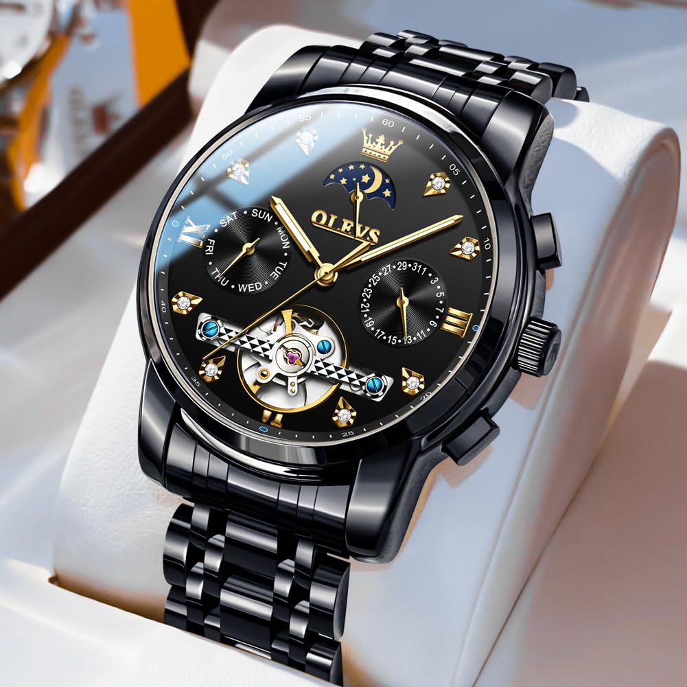 OLEVS Men's Automatic Self-Winding Skeleton Watch - Luxury Stainless Steel Waterproof Wristwatch with Luminous Hands - Perfect for Business, Formal Events & Everyday Wear