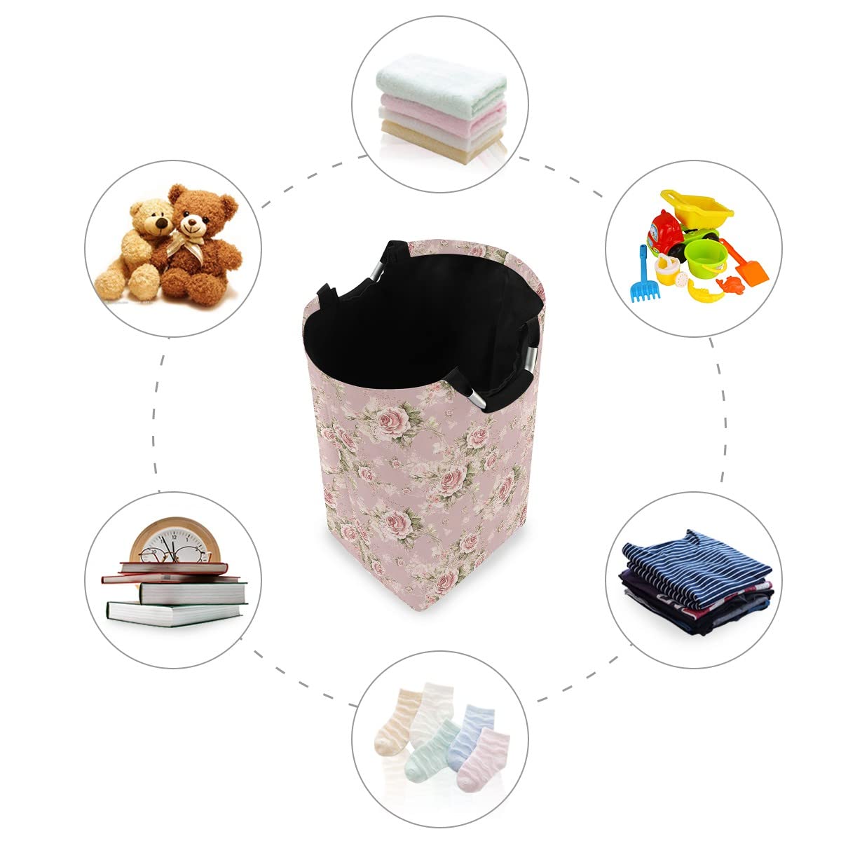 MNSRUU Foldable Laundry Bag with Handles - Pink Rose Flower Collapsible Laundry Basket Hamper for Home, Dorm & Travel - Perfect for Laundry Room Decor, Bathroom Organization & Storage