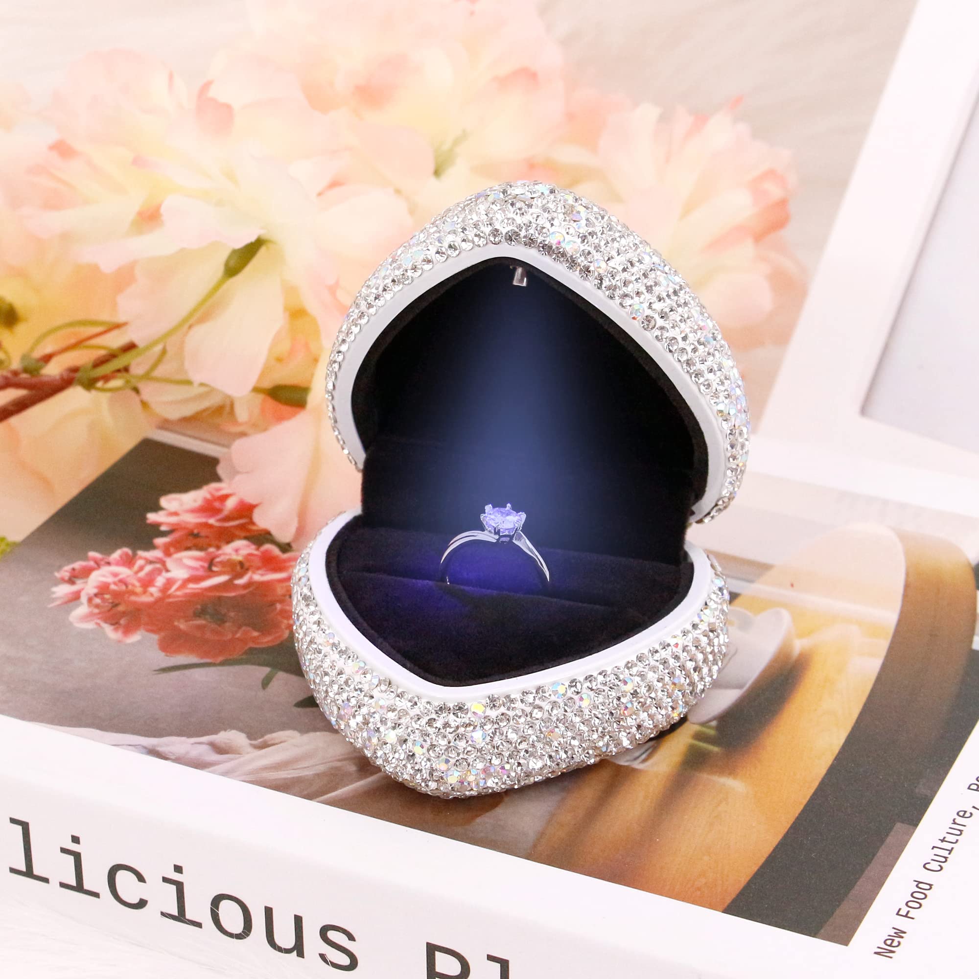 Elegant Naimo Rhinestone Heart-Shaped Ring Box with LED Light - Velvet Jewelry Display Case for Engagement, Wedding & Proposal - Perfect Gift for Birthday & Special Occasions | Wedding Ring Holder, Jewelry Organizer, Proposal Accessory