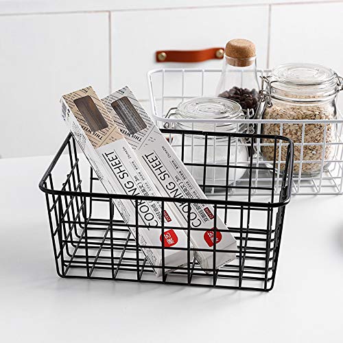 LeleCAT Wire Baskets with Handles - 2 Pack Black Metal Storage Bins for Pantry, Closet, Bedroom & Office Organization - Space Saving Home Decor & Storage Solution