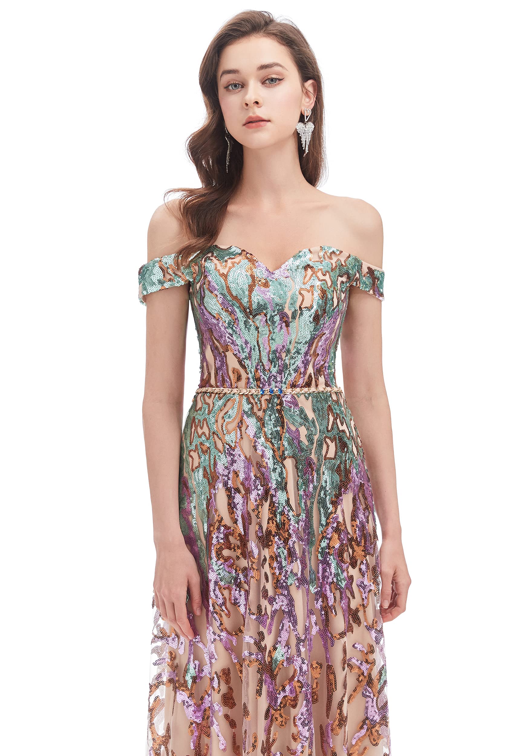 Elegant Women's Off-Shoulder A-Line Sequins Sleeveless Prom Dress for Evening Gala, Homecoming, or Special Occasions