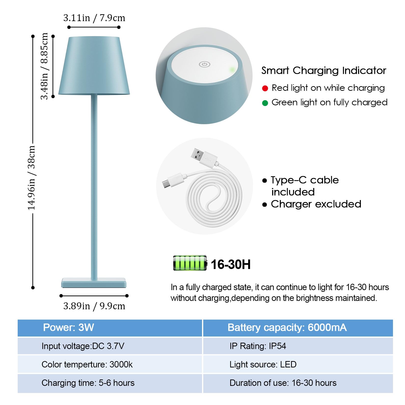 4 Pack Rechargeable LED Table Lamps - 6000mAh Battery, Waterproof Cordless Desk Lamp with Stepless Dimming - Perfect for Camping, Bedroom, Restaurant & Outdoor Use (Blue)