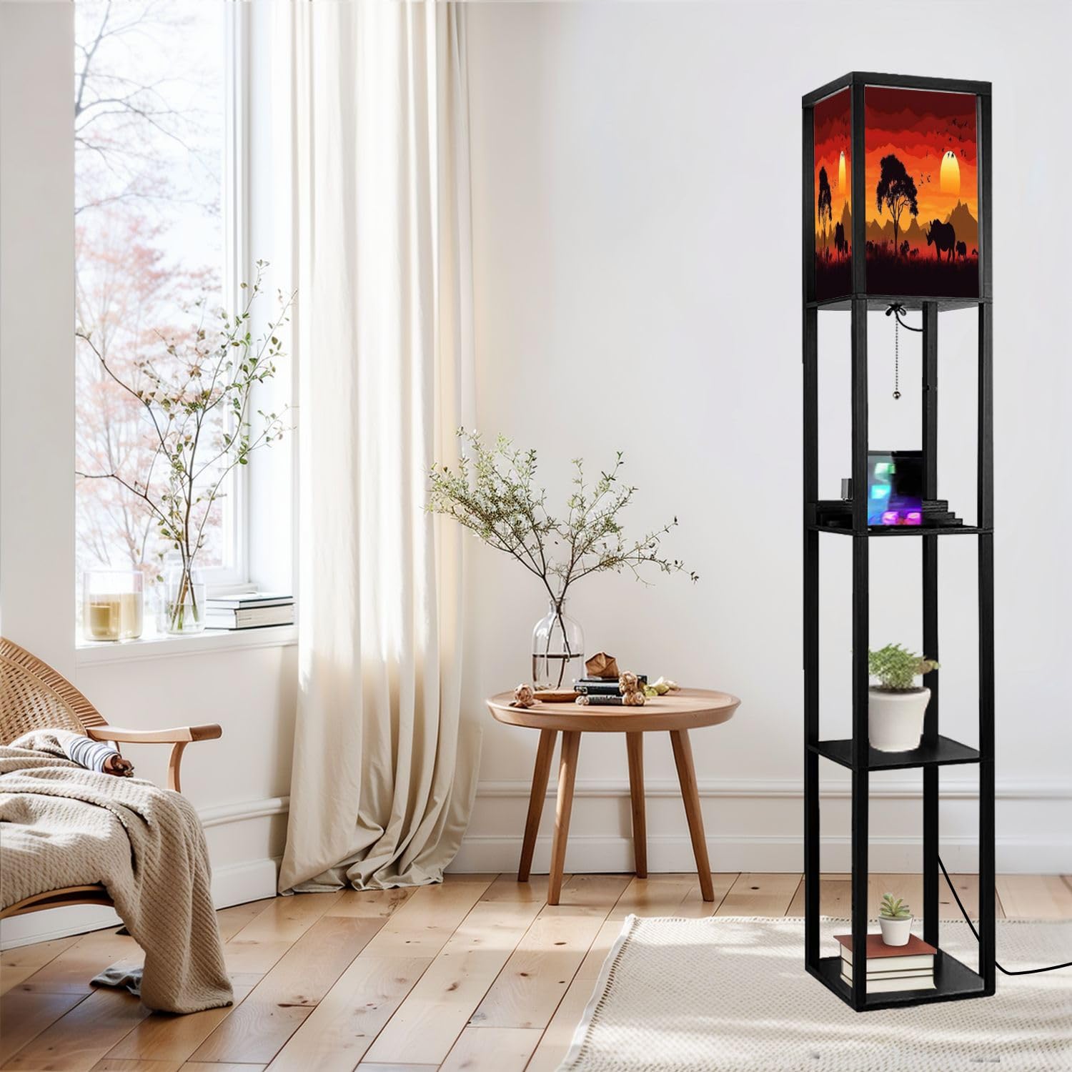 Modern Floor Lamp with Shelves - USB Ports & Power Outlet, Silhouette Wild Sunset Animal Design - Tall Standing Corner Lamp for Living Room, Bedroom, Office - Perfect for Reading, Nightstand Lighting & Home Decor