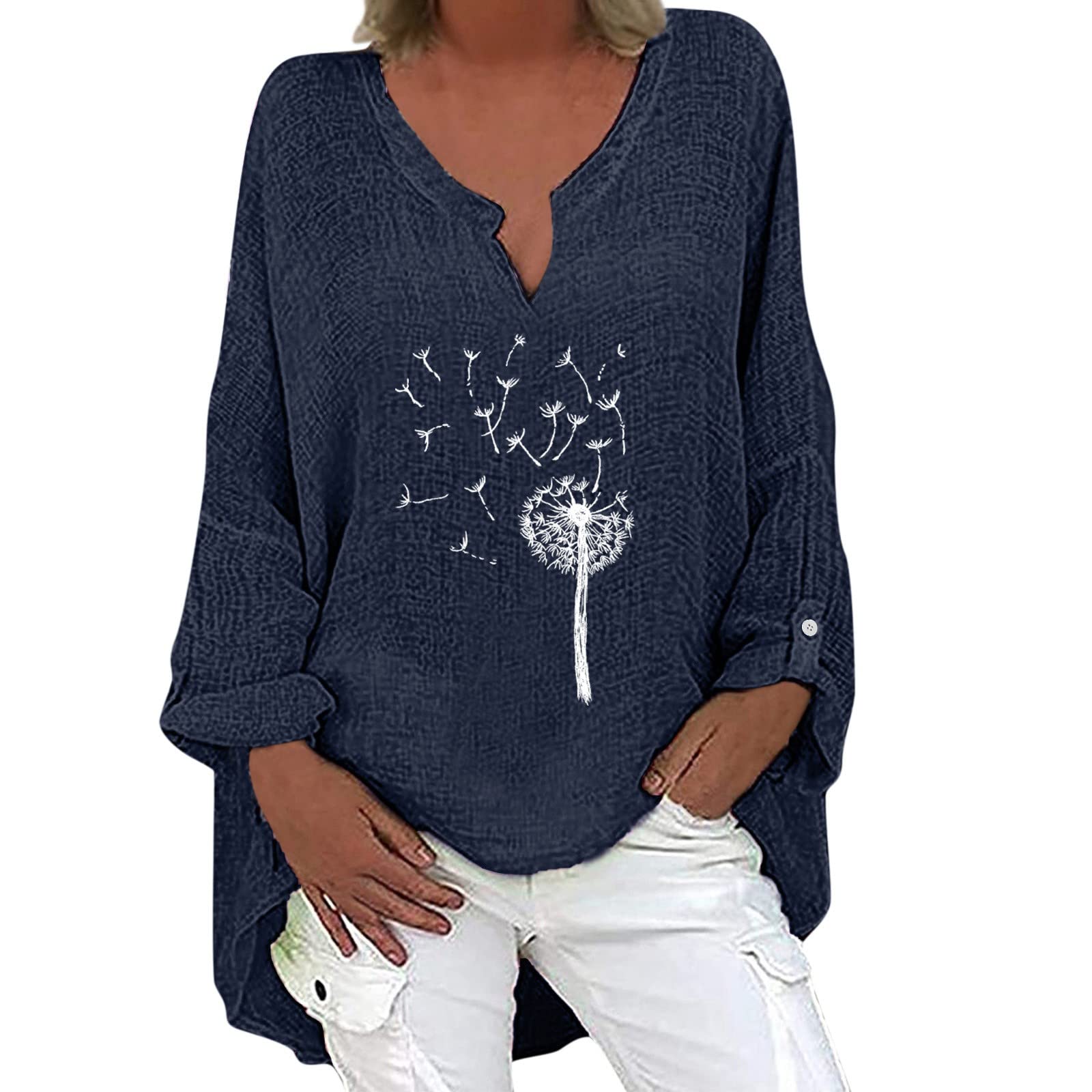 Women's Long Sleeve V-Neck Floral Print T-Shirt with Asymmetrical Hem - Casual Fall Blouse for Work, Date Night & Everyday Wear