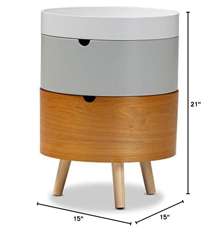 Baxton Studio Modern Nightstand - White, Light Gray & Natural Wood Finish - Bedside Table for Bedroom, Living Room & Guest Room