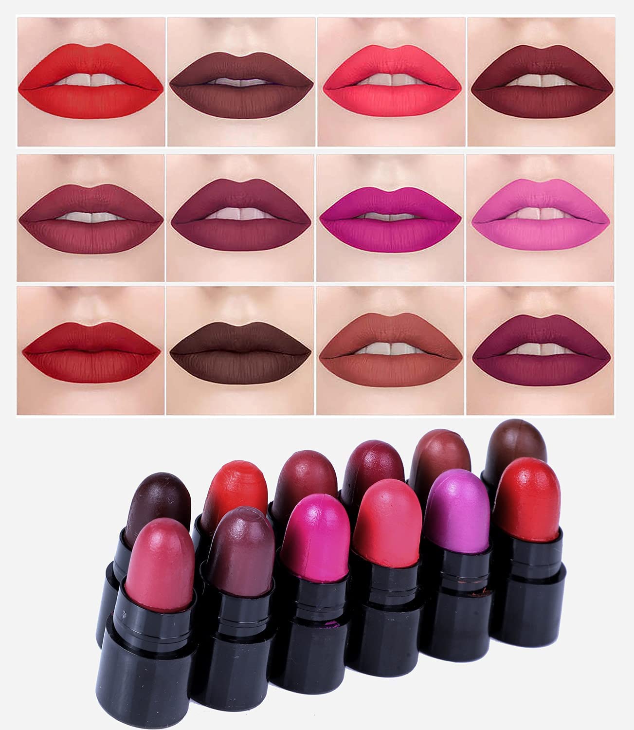 Matte Lipstick Set - 12 Long Lasting Waterproof Mini Matte Lipsticks for Women | Perfect for Everyday Wear, Parties & Gifting | Lipstick Sampler Set in Capsule Pill Design