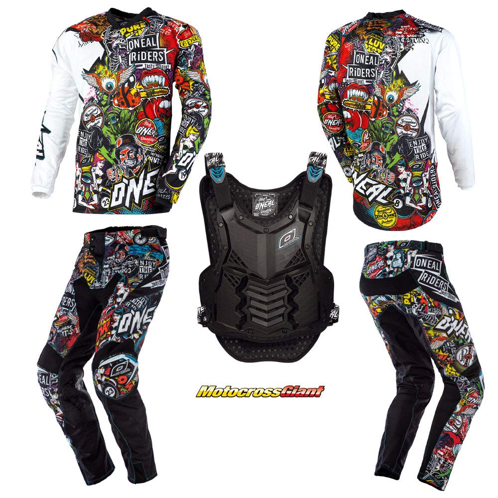 Oneal Mayhem-Lite Crank Jersey Pant & Chest Protector Combo - Large Size W36 for Motocross, Dirt Bike & Off-Road Riding Protection Gear