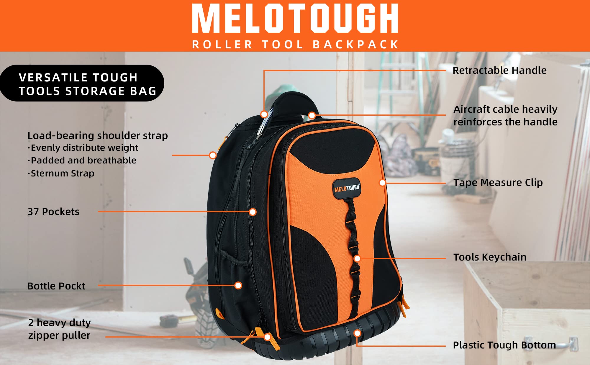 Heavy Duty Rolling Tool Backpack with 37 Pockets - Water Resistant Wheeled Tradesman Pro Organizer Bag, Large Interior Storage (Orange) - Perfect for Construction Sites, HVAC Work & Mobile Technicians