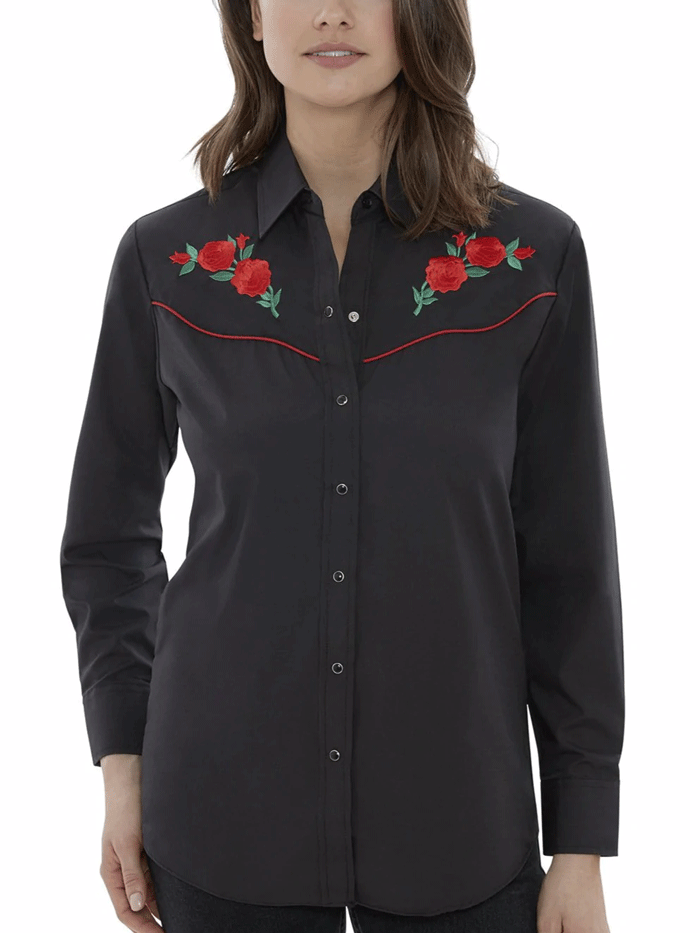Ely Cattleman 15303801 Women's Western Shirt - Black with Red Rose Embroidery, Long Sleeve Cowgirl Shirt for Rodeo, Country Music Festivals & Western Fashion