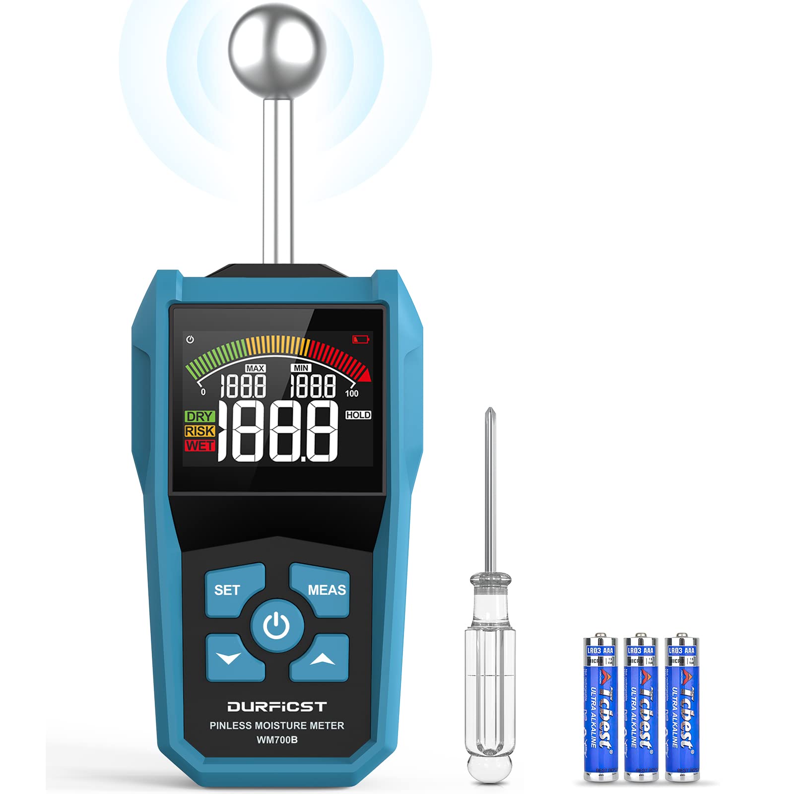 DURFICST Pinless Wood Moisture Meter with Color LCD Display & Audible Alarm - Digital Moisture Detector for Wood, Drywall, Plaster, Masonry & Building Materials - Perfect for Home Renovation, Flooring Installation & Woodworking Projects