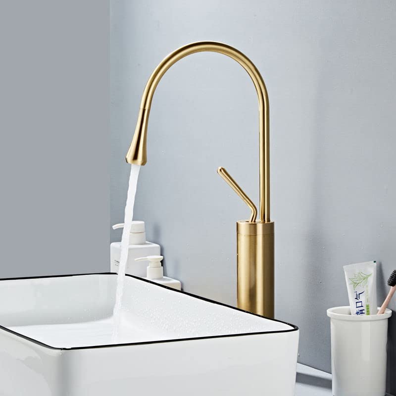 Brushed Gold Bathroom Faucet - High Arc Single Handle Vessel Sink Faucet, Tall Solid Brass Vanity Faucet with Pop-Up Drain (No Overflow), cUPC Certified, Includes Water Supply Hoses & Installation Kit - Perfect for Modern Bathrooms, Powder Rooms & Luxury Vanities