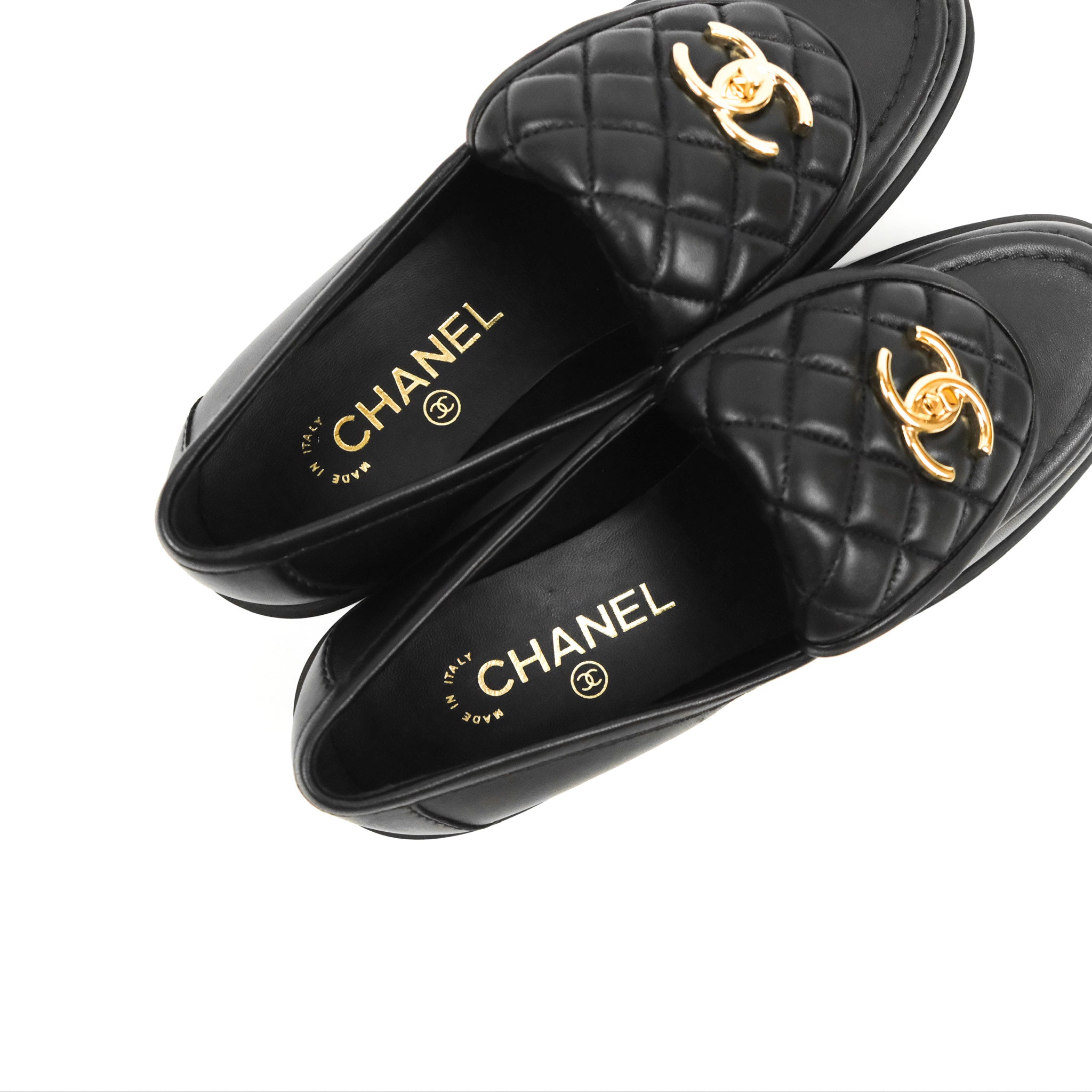 Chanel CC Turnlock Loafers - Quilted Black Calfskin Leather Shoes with Gold Hardware - Women's Size 37.5 (US 7) - Luxury Designer Flats for Work, Office & Formal Occasions