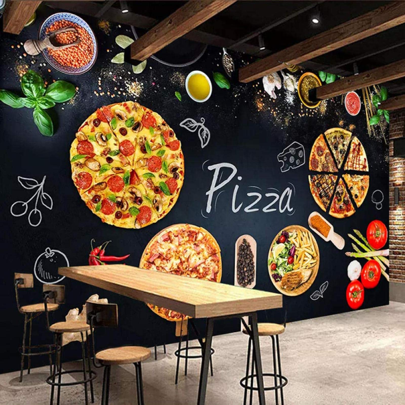 3D HD Pizza Shop Blackboard Wallpaper - Restaurant Backdrop & Wall Decor for Dining Room, Cafe, and Kitchen Murals | Perfect for Italian Eateries, Pizzerias, and Home Kitchen Decor