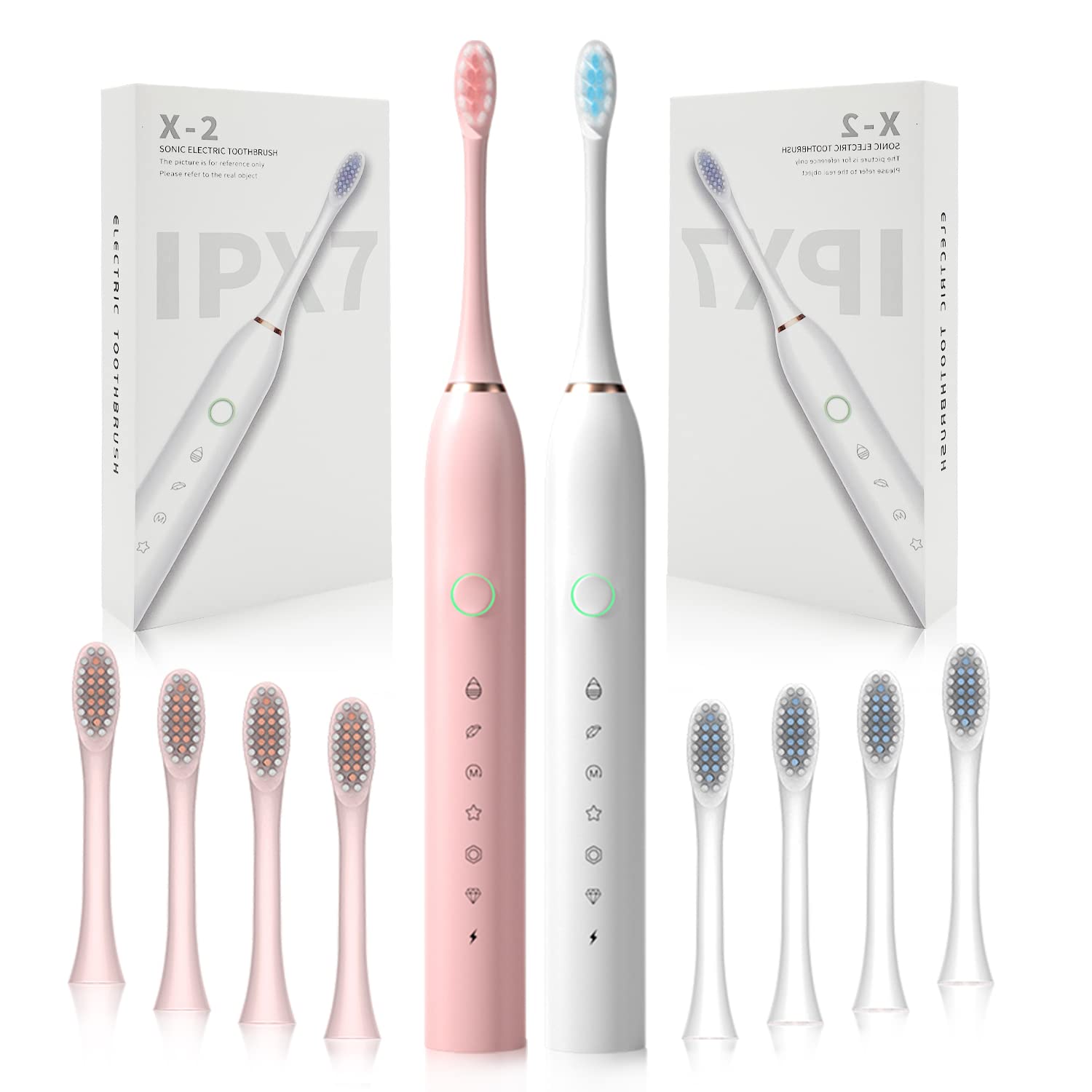 2 Pack Rechargeable Electric Toothbrushes for Adults & Kids - Sonic Whitening Toothbrush with 8 Brush Heads, 6 Cleaning Modes & Smart Timer - Waterproof Dental Care Set (Pink & White) - Perfect for Family Oral Hygiene & Travel Essentials