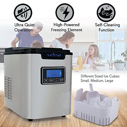 NutriChef Upgraded Stainless Steel Countertop Digital Ice Maker Machine - Portable, Stain Resistant with Built-in Freezer & Oversized Ice Bucket - Easy Touch Buttons for Home, Office, Party & Outdoor Use