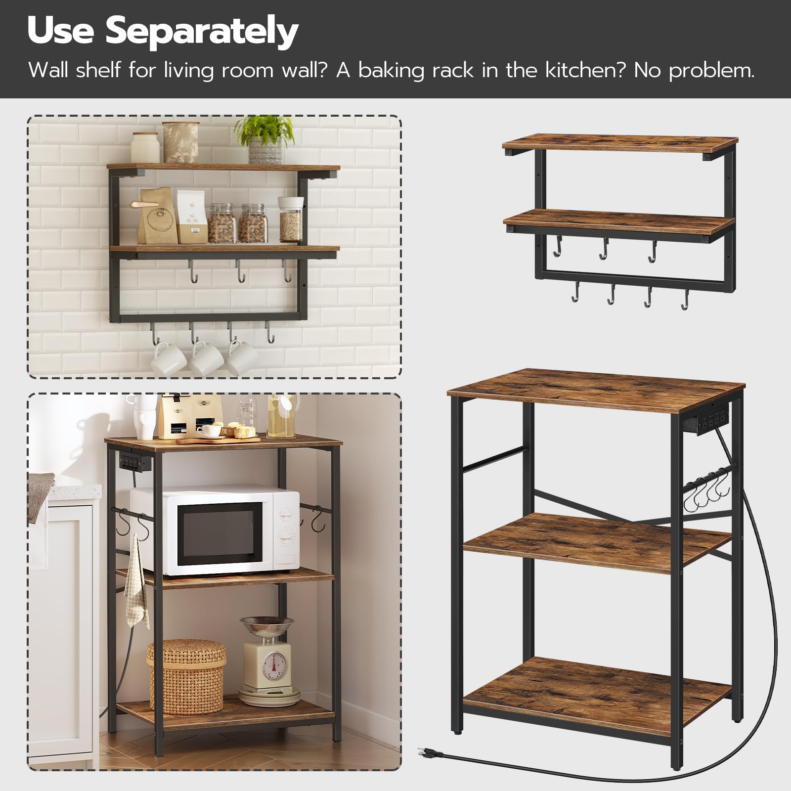 HOOBRO Rustic Brown Bakers Rack with Power Outlets - Freestanding Kitchen Storage Shelf with Floating Shelves & 11 S-Hooks - Perfect Coffee Bar Station & Microwave Stand for Kitchen, Living Room, Dining Area - Model BF11UHB01