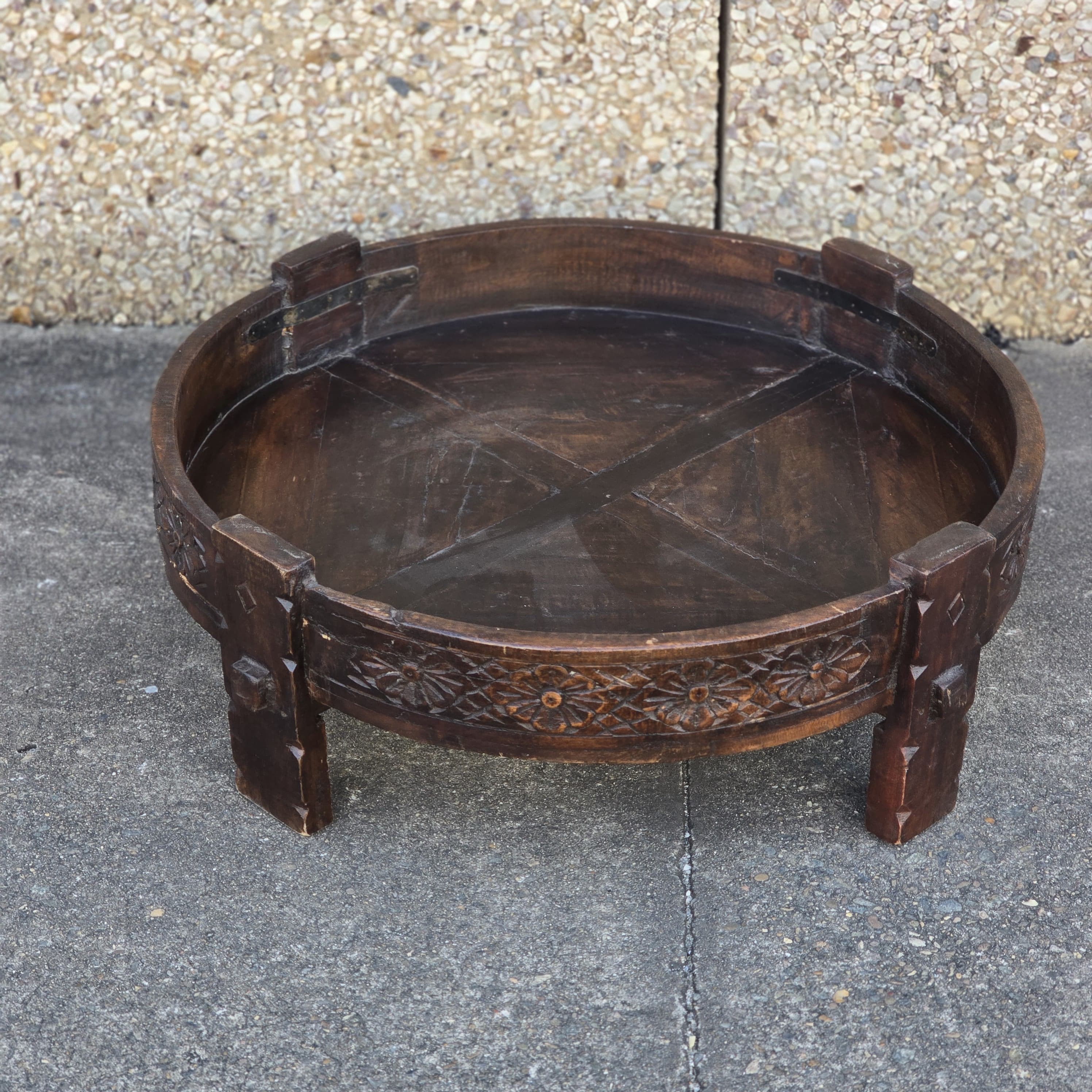 Handcrafted Solid Wood Indian Chakki Grinder Coffee Table - 30x30x10 Inches Rustic Home Decor for Living Room, Lounge & Office