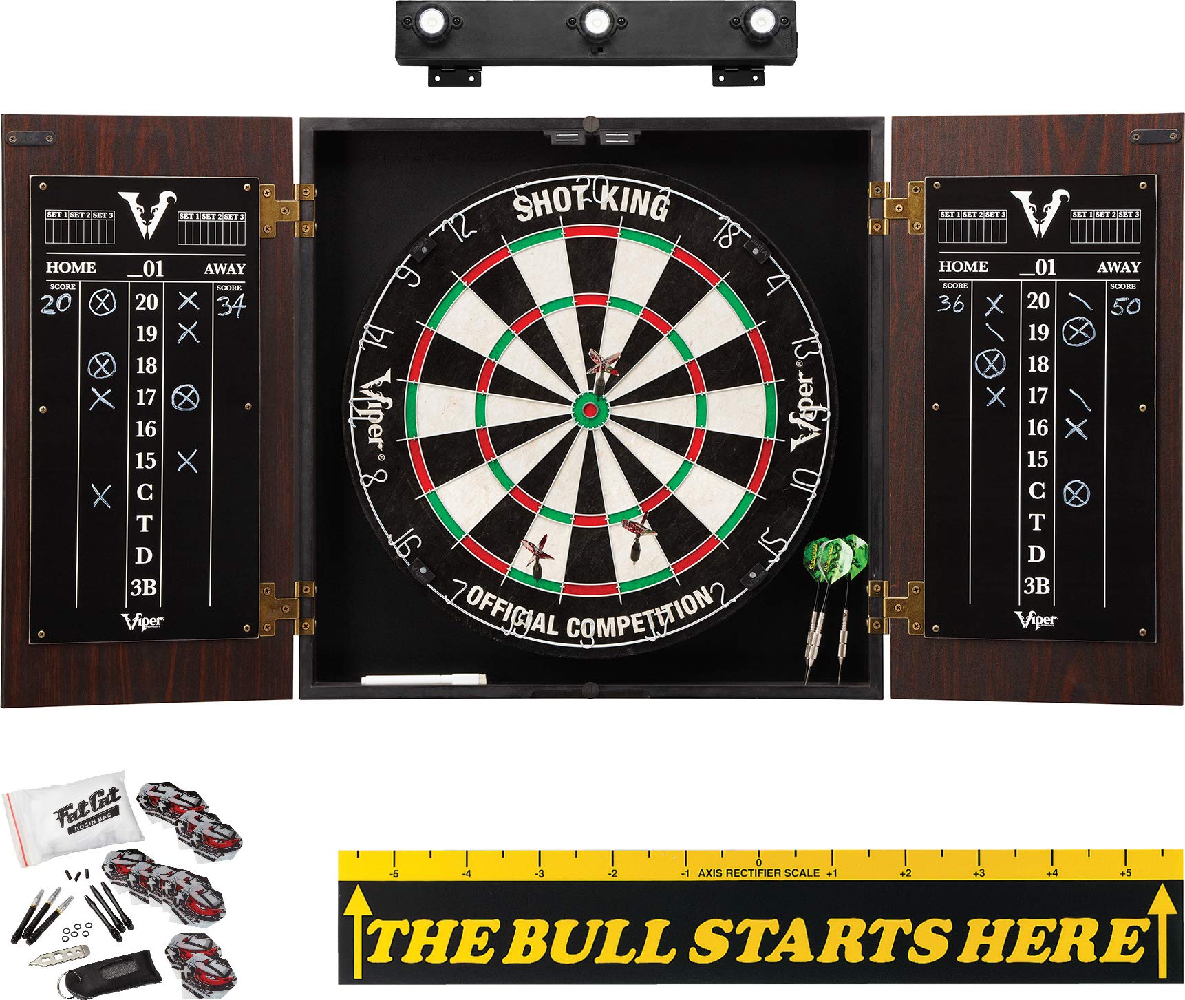 Viper Stadium Cabinet with Shot King Sisal Dartboard - Professional Steel Tip Dartboard Set with Shadow Buster LED Lights & Bull Starts Here Throw Line Marker - Perfect for Home Game Rooms, Bars, and Man Caves