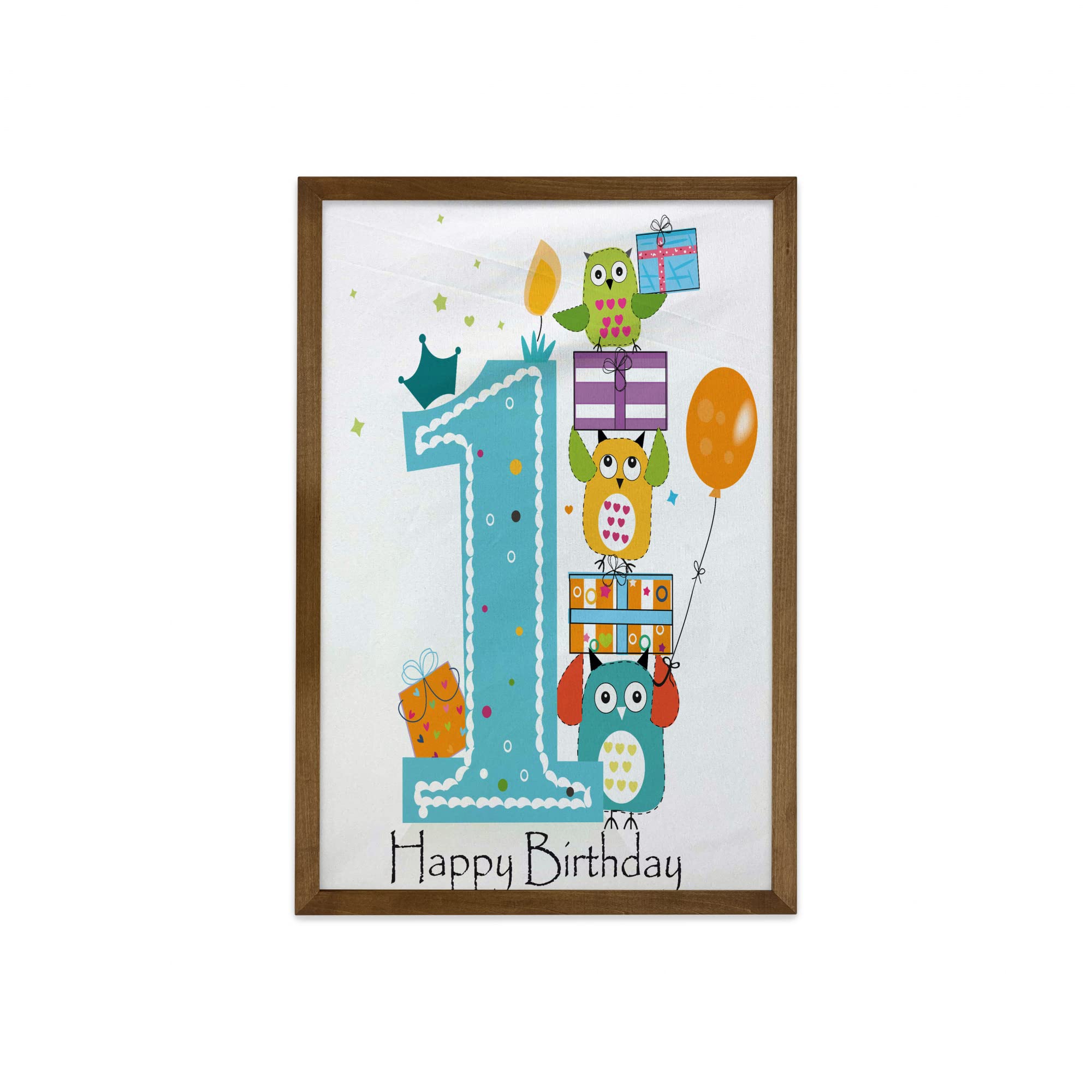 Ambesonne 1st Birthday Framed Wall Art - First Cake with Candle Owls Family Party Theme Print - Fabric Decor with Teak Wood Frame - 23