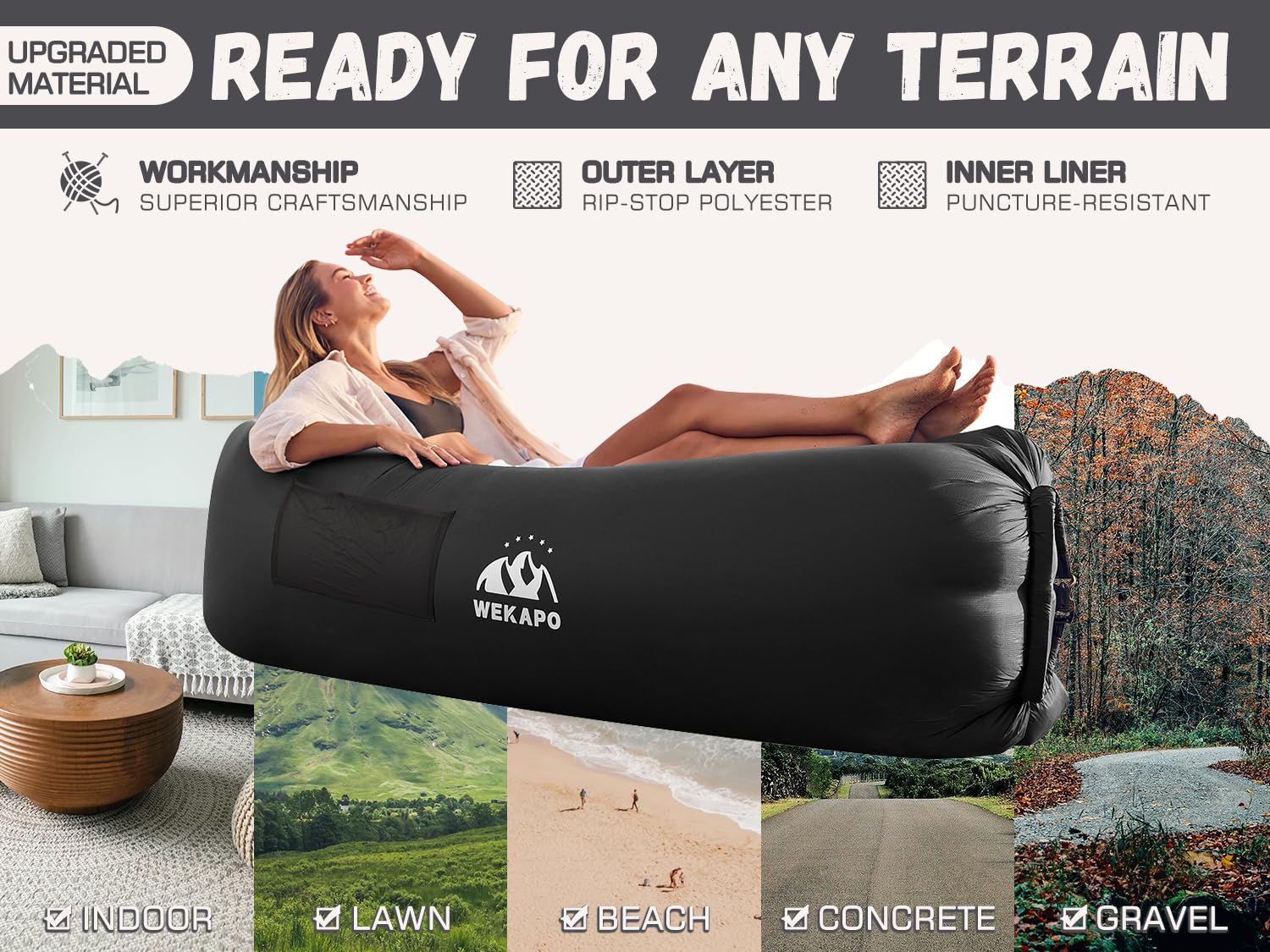 WEKAPO Inflatable Couch - Quick 60-Second Setup, Ultra Comfortable & Lightweight Portable Air Sofa - Perfect for Camping, Beach, Hiking, Picnics, Backyard, Music Festivals & Indoor Lounging (Black) - Ideal for Outdoor Adventures & Home Relaxation