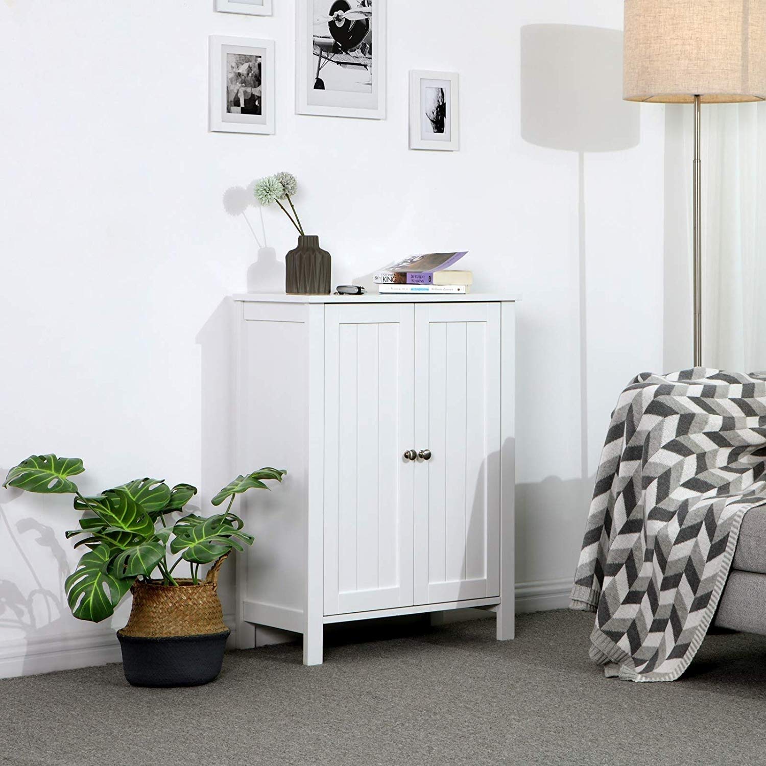 White Bathroom Floor Storage Cabinet with Double Door & Adjustable Shelf - Modern Glossy Wood Shelving Unit for Bathroom Organization, Bedroom Closet, or Laundry Room Storage