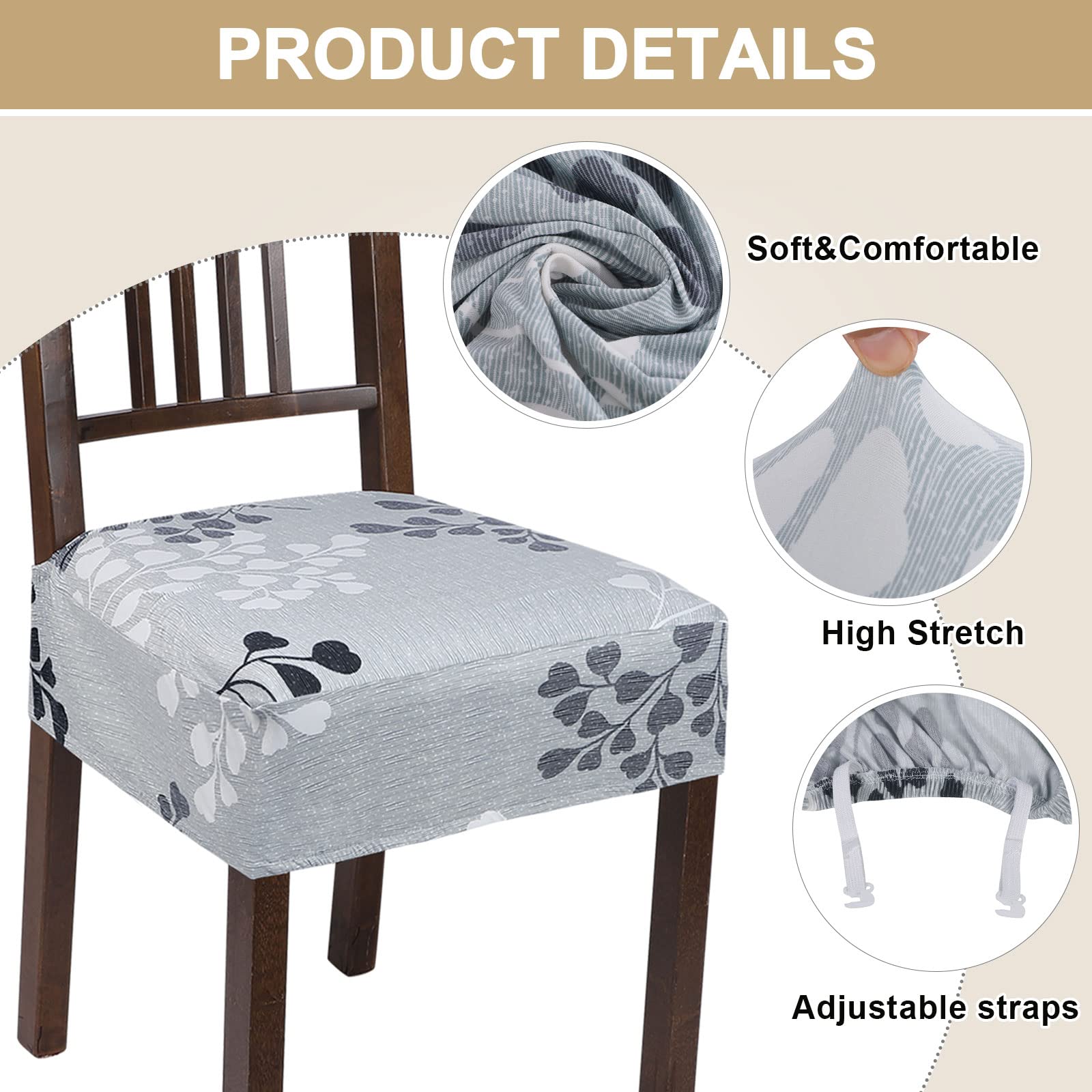 NIBESSER Stretch Dining Chair Seat Covers Set of 6 - Soft Removable Washable Slipcovers for Kitchen & Dining Room Chairs, Armless Chair Protector with Leaves Pattern (Rear-Covered) - Perfect for Home, Restaurant, and Office Use