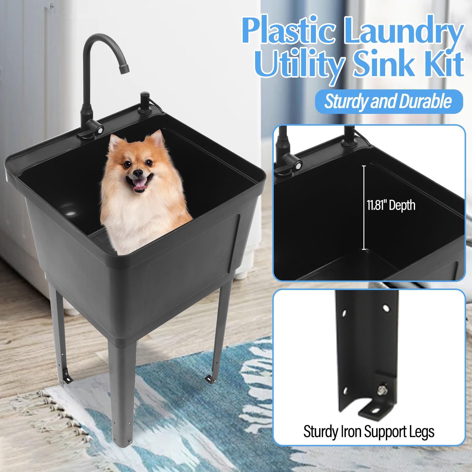 Heavy Duty Utility Sink Laundry Tub - Freestanding Wash Station with Rotatable Faucet & Soap Dispenser | Durable Plastic Slop Sink for Basement, Garage, Workshop | Ideal for Laundry, Cleaning Tools, Pet Washing & DIY Projects (Black)