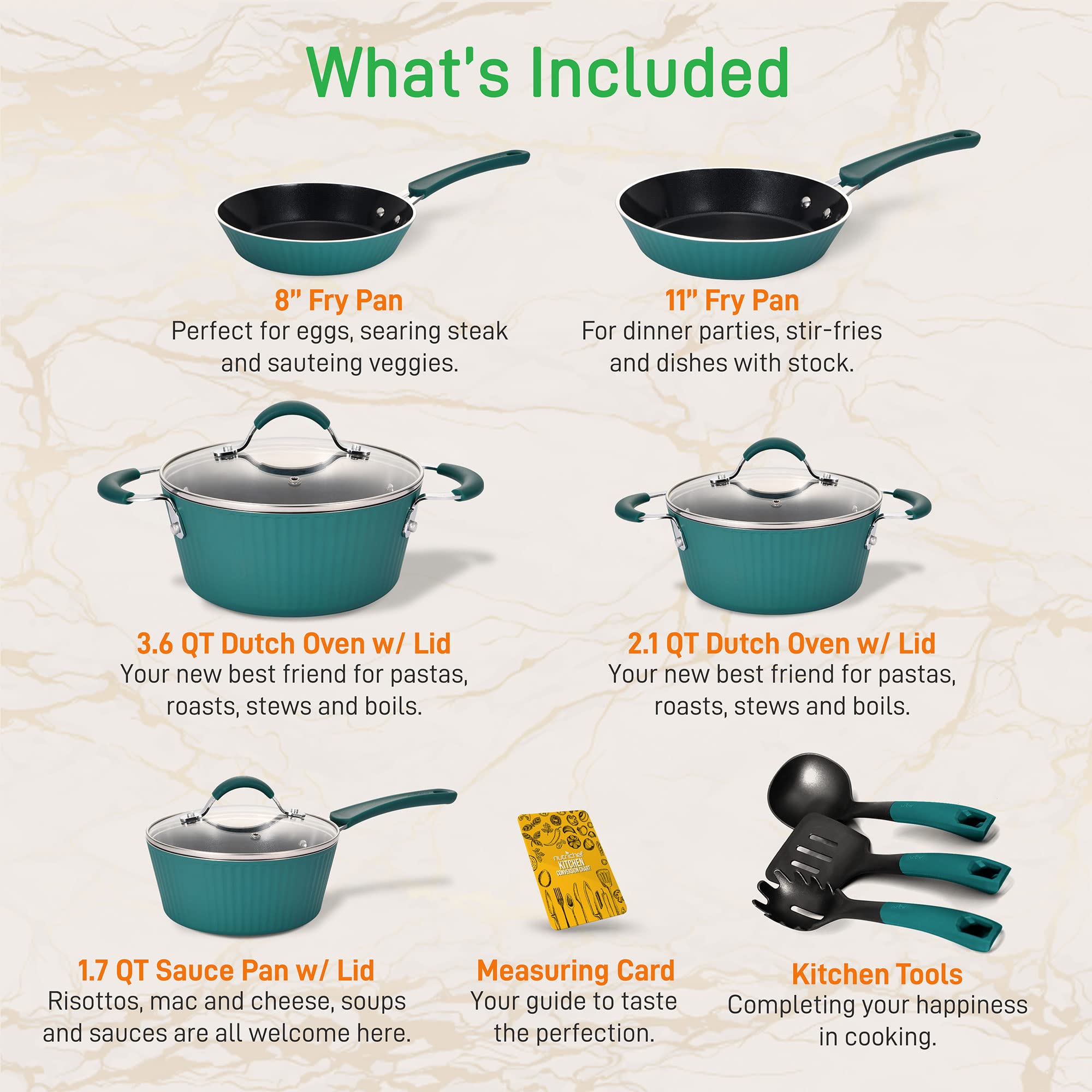 NutriChef 11-Piece Nonstick Cookware Set with Glass Lids & Kitchen Utensils - Teal Blue Ceramic Coated Pots & Pans for Healthy Cooking - Perfect for Frying, Boiling & Sauteing in Modern Kitchens