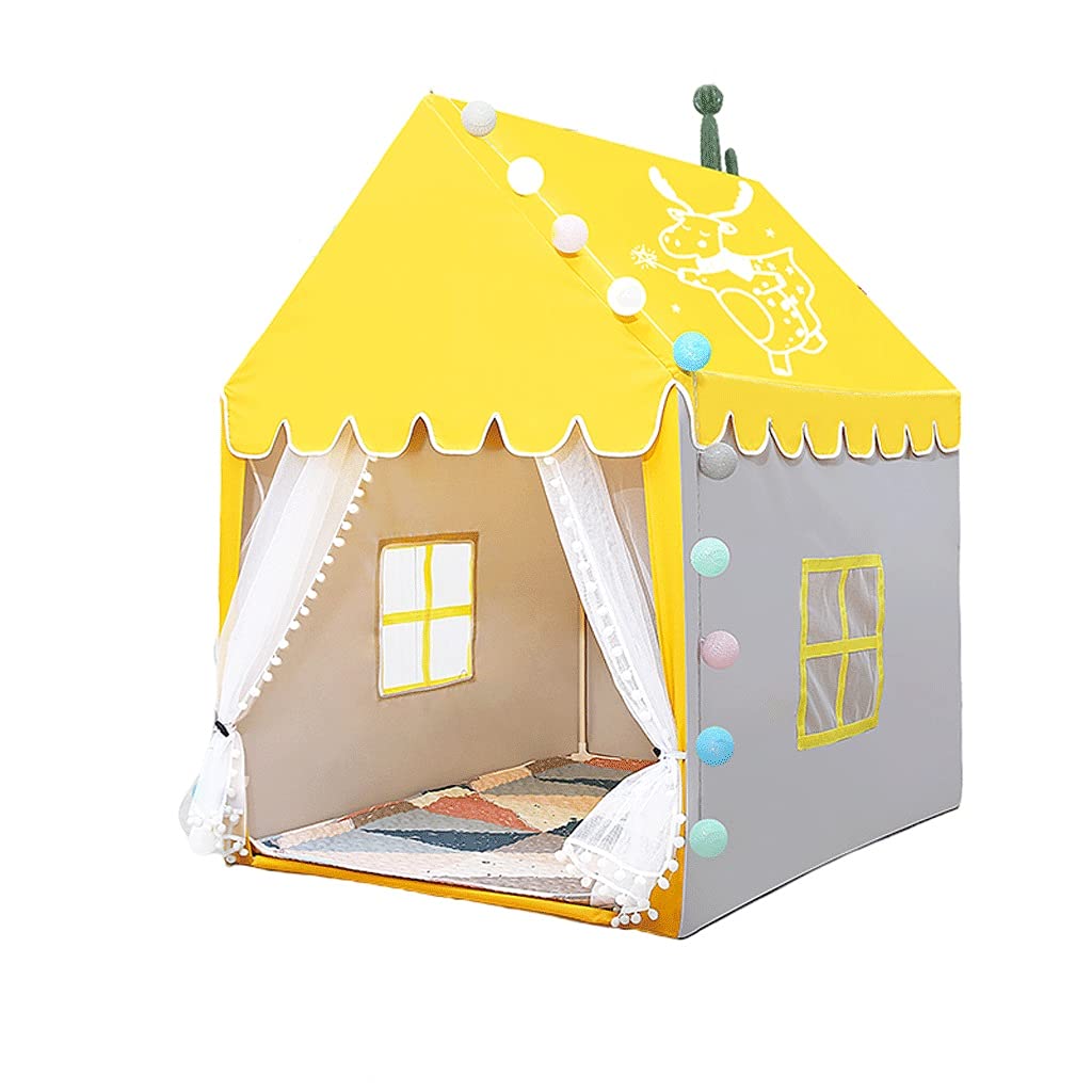 QIAOLI Kids Play Tent with Mat & String Lights - Large Playhouse Castle Teepee for Boys & Girls | Indoor/Outdoor Fun, Birthday Gift, Nursery Decor (Yellow)