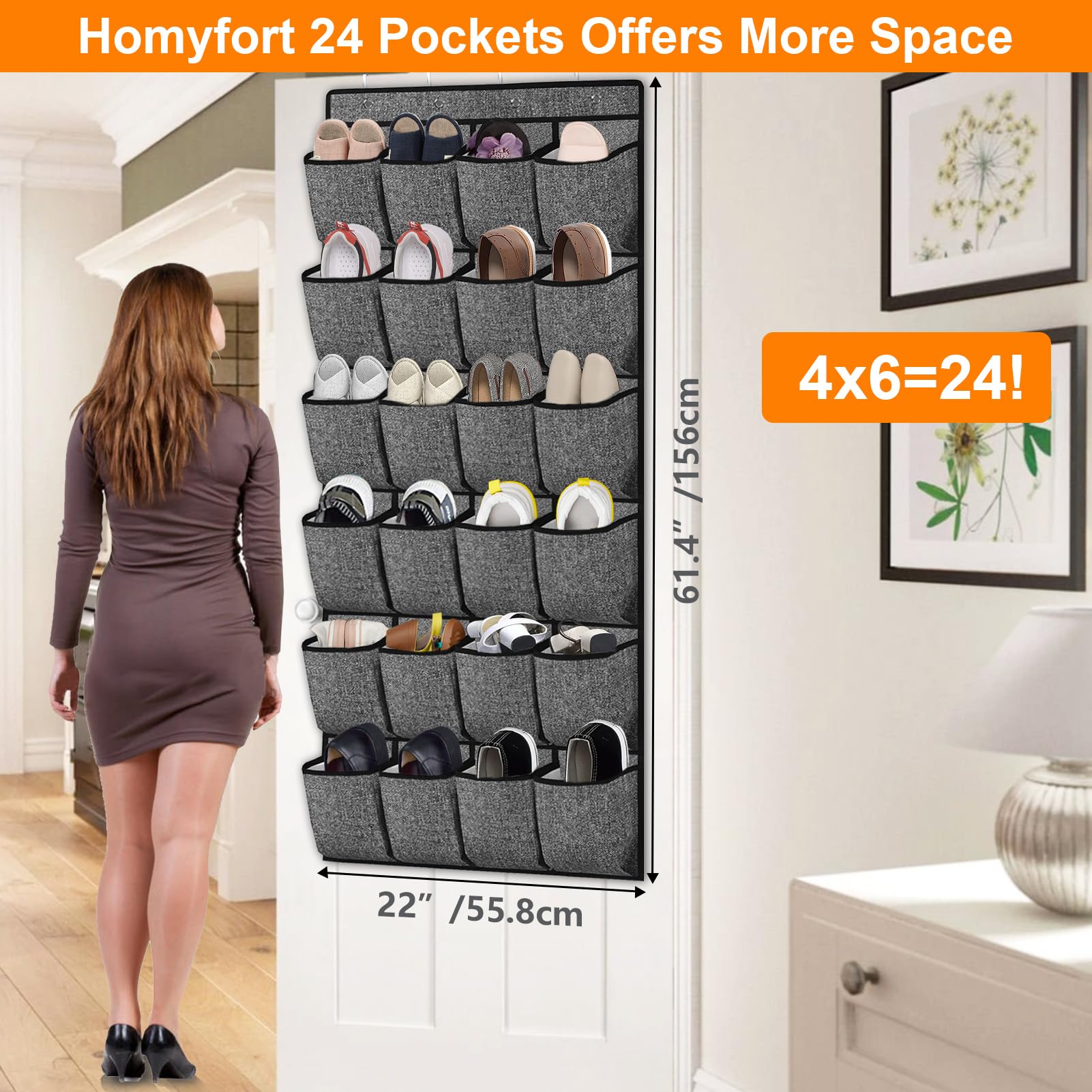 Homyfort Over the Door Shoe Organizer - 24 Large Pockets Hanging Shoe Rack for Closet Storage, Space Saving Solution for Men, Women & Kids Shoes (Black) | Perfect for Cruise, Dorm, Apartment & Small Space Organization