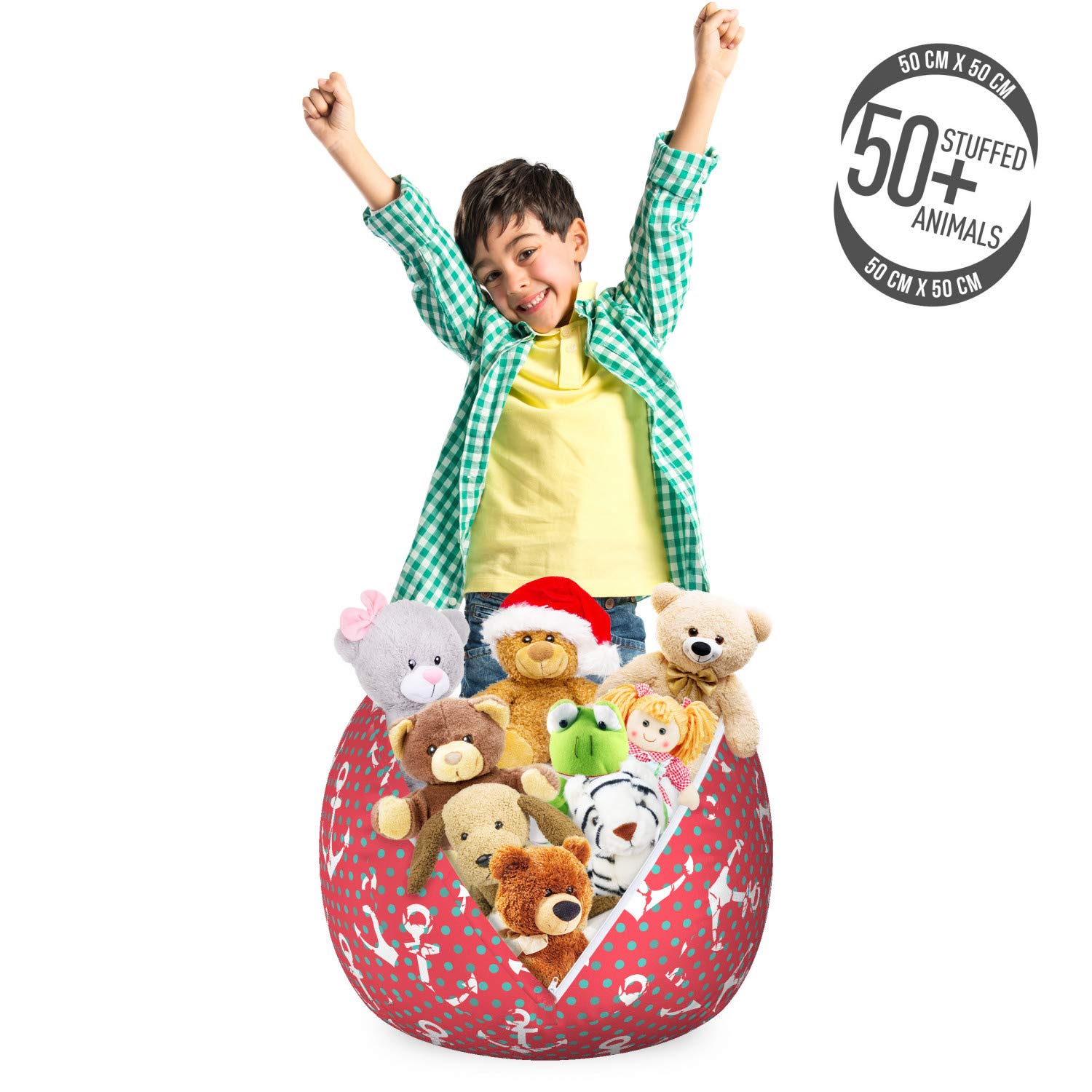 Ambesonne Nautical Toy Storage Bag Chair - Grunge Anchor with Polka Dots Pattern, Washable Stuffed Animal Organizer, Small Size Coral Dark Seafoam - Perfect for Kids' Room, Nursery, and Playroom Organization