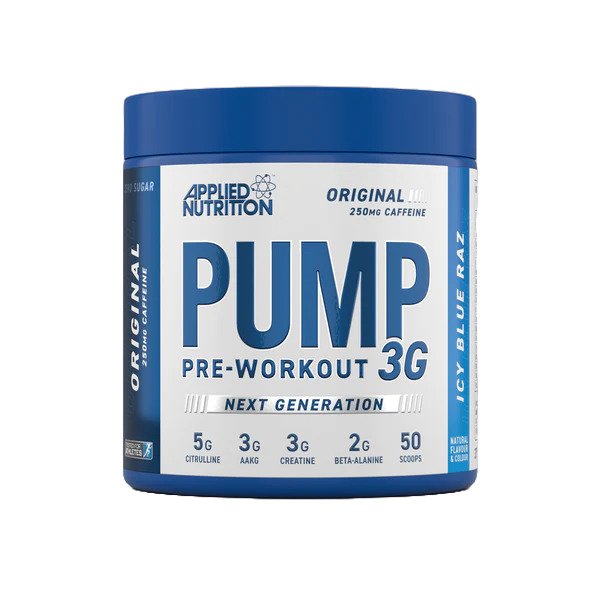 Applied Nutrition Pump 3G Pre Workout Powder - Icy Blue Raz Flavor (375g) | Energy Booster for Gym & Fitness Training