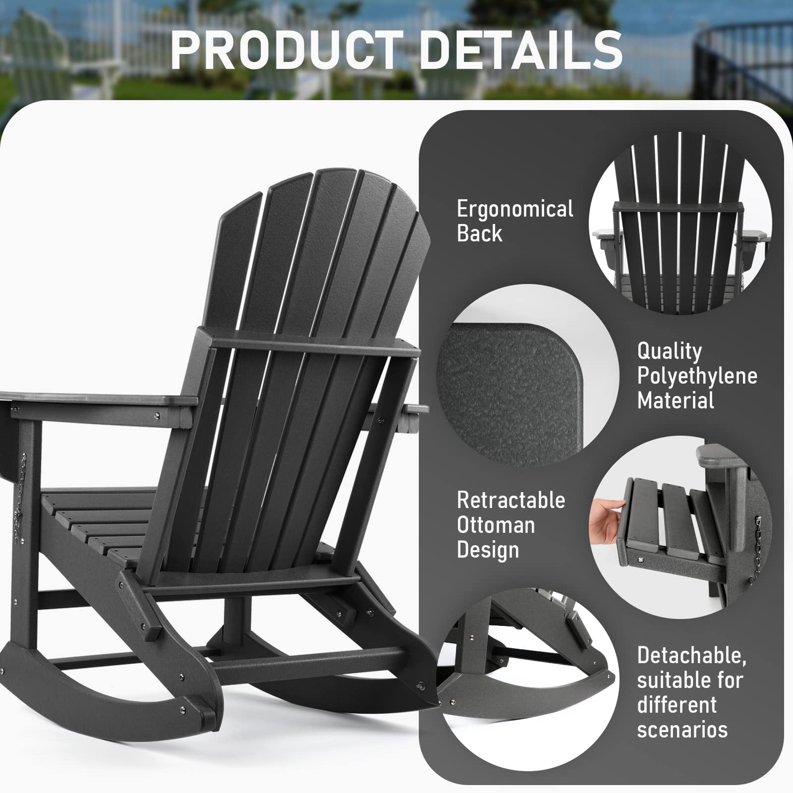 Premium Adirondack Chair with Ottoman - Weather-Resistant Rocking & Folding Outdoor Chair with Cup Holder - Heavy Duty 350lb Capacity Patio Furniture for Backyard, Poolside & Camping Fire Pit