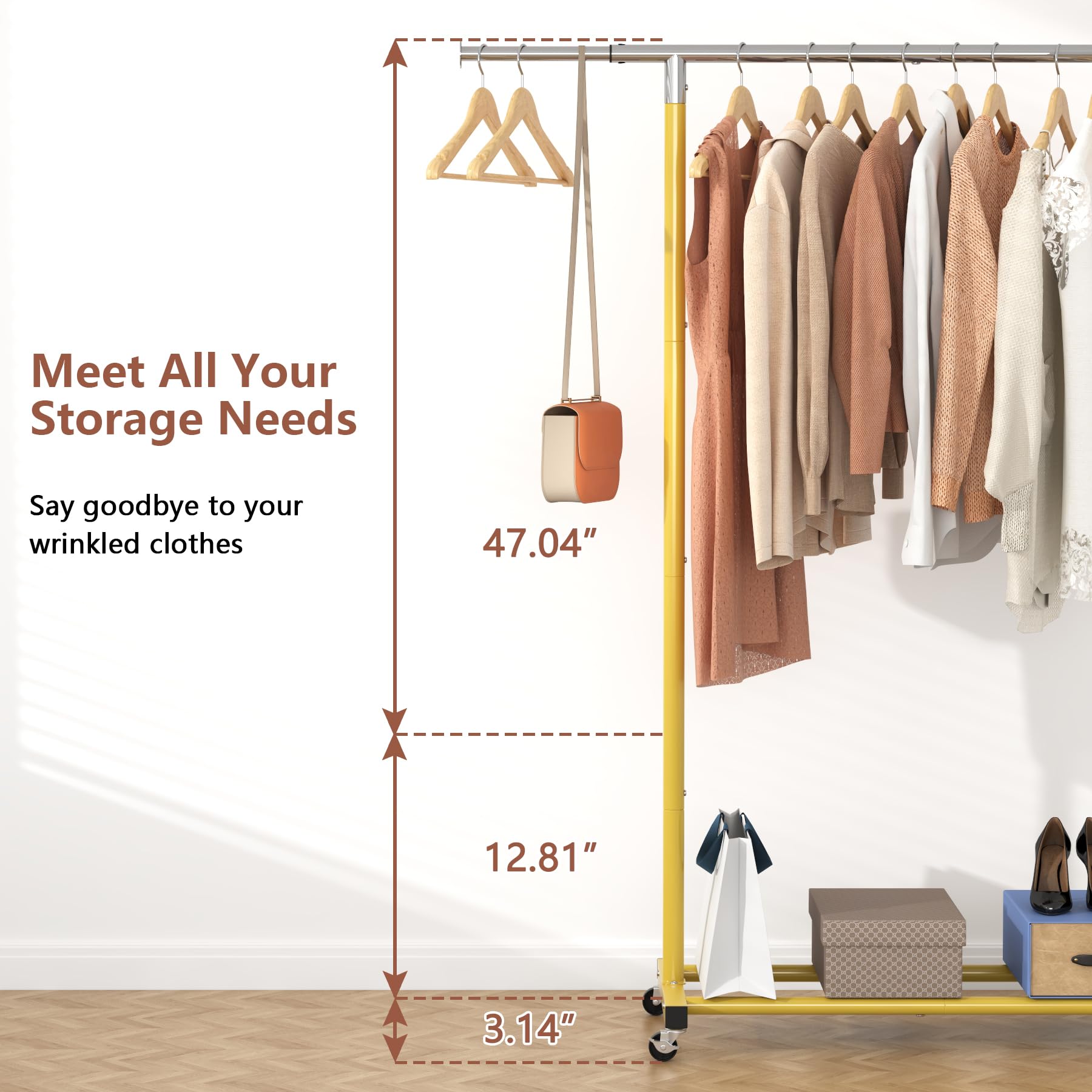 JIUYOTREE Adjustable Rolling Clothes Rack with Shelf - Mobile Garment Organizer with Wheels for Hanging Clothes, Shirts, Pants, Skirts & Bags (Gold) - Perfect for Bedroom, Closet Organization, Laundry Room & Retail Stores