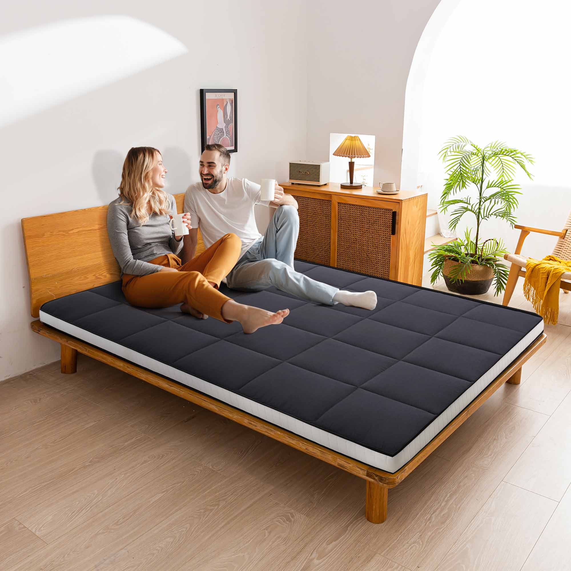 MAXYOYO 4 Square Japanese Floor Futon Mattress & Topper Pad - Black | Comfortable Tatami Sleeping Mat for Guest Bed, Yoga Meditation & Small Space Living