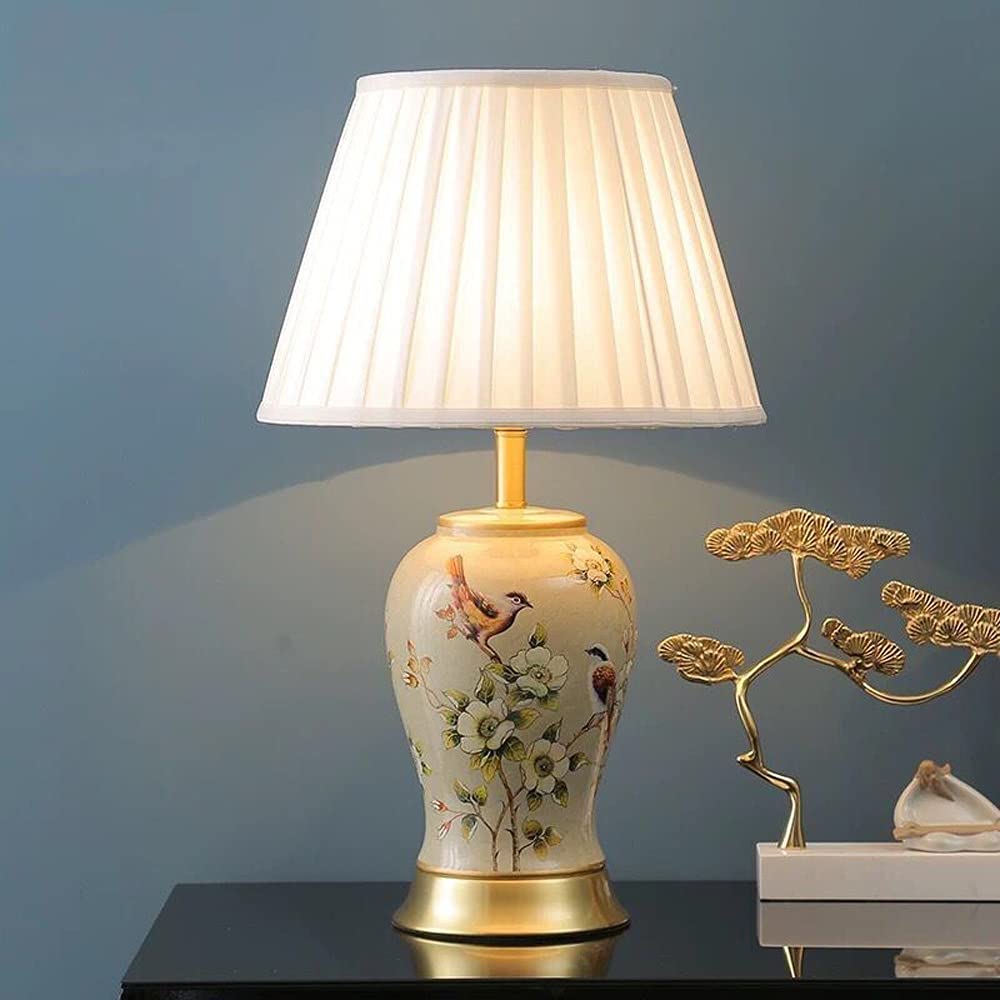 Hand-Painted Chinese Ceramic Table Lamp with Flowers & Birds Design - 55x33cm Modern Porcelain Nightstand Lamp for Living Room, Bedroom & Office Decor