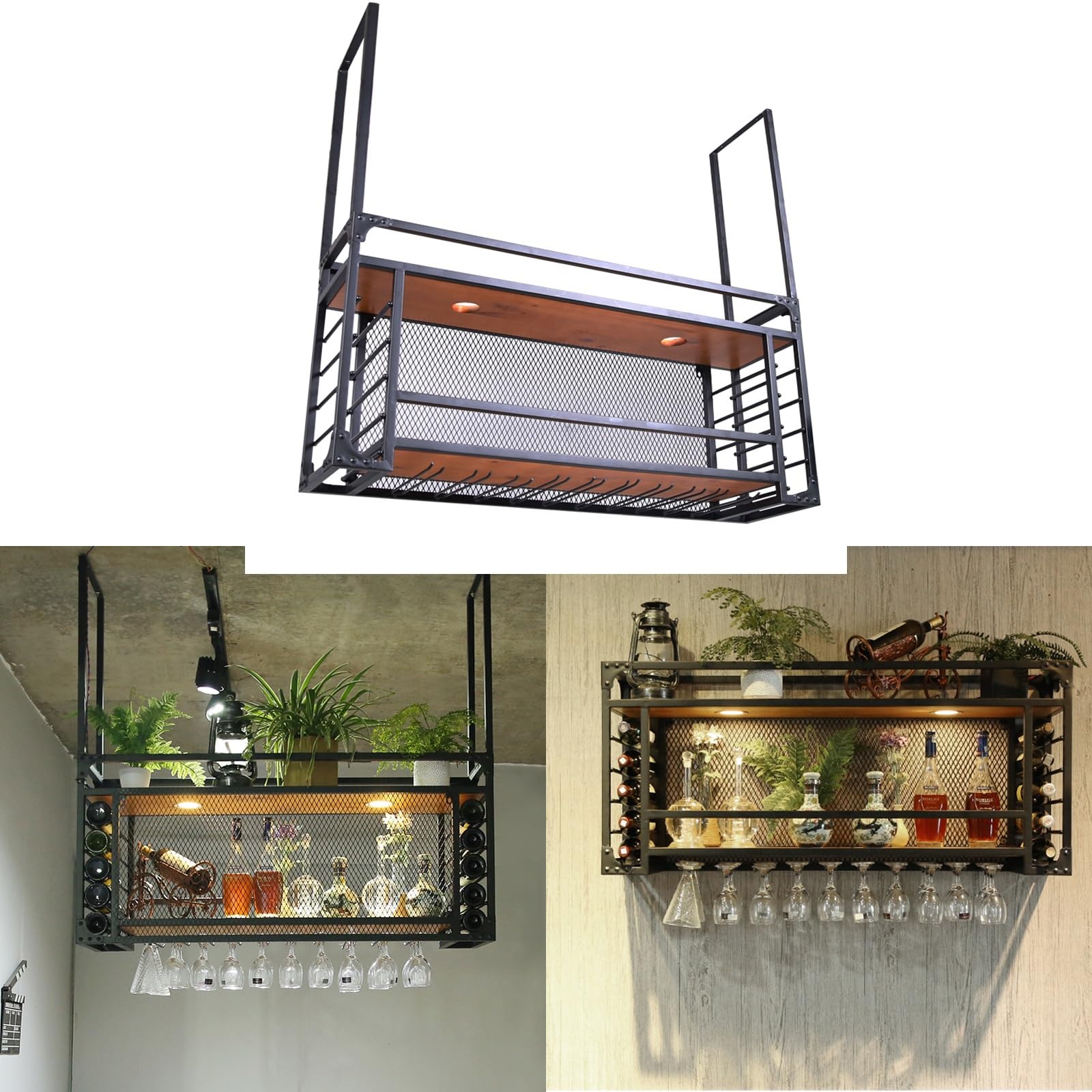 Adjustable Ceiling Hanging Wine Rack with Glass Holder & Shelf - Modern Wall Decor for Bar, Home & Cafe - Large Capacity 4 Sizes (100cm/40in) - Perfect for Kitchen, Dining Room & Wine Cellar Organization