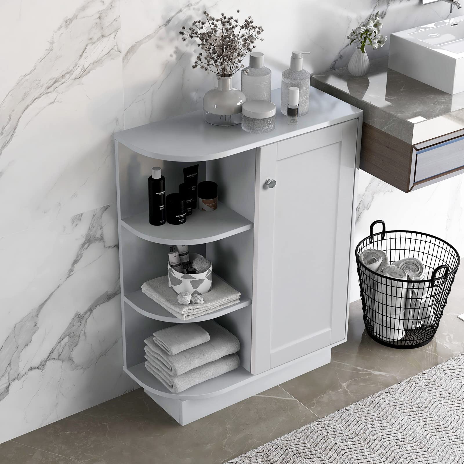 BNSPLY Freestanding Bathroom Storage Cabinet with Door - 3 Open & 3 Adjustable Shelves - Floor Cabinet for Bathroom, Living Room, Kitchen, Laundry Room - Grey (23.6