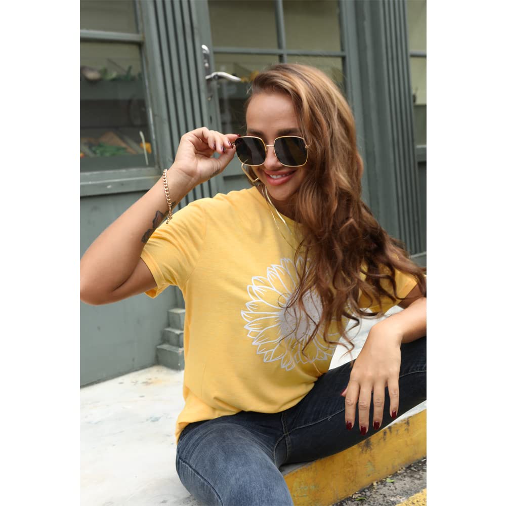 Women's Summer Sunflower Graphic T-Shirt - Cute Floral Print Loose Fit Crew Neck Short Sleeve Tee - Casual Tops for Beach, Vacation & Everyday Wear