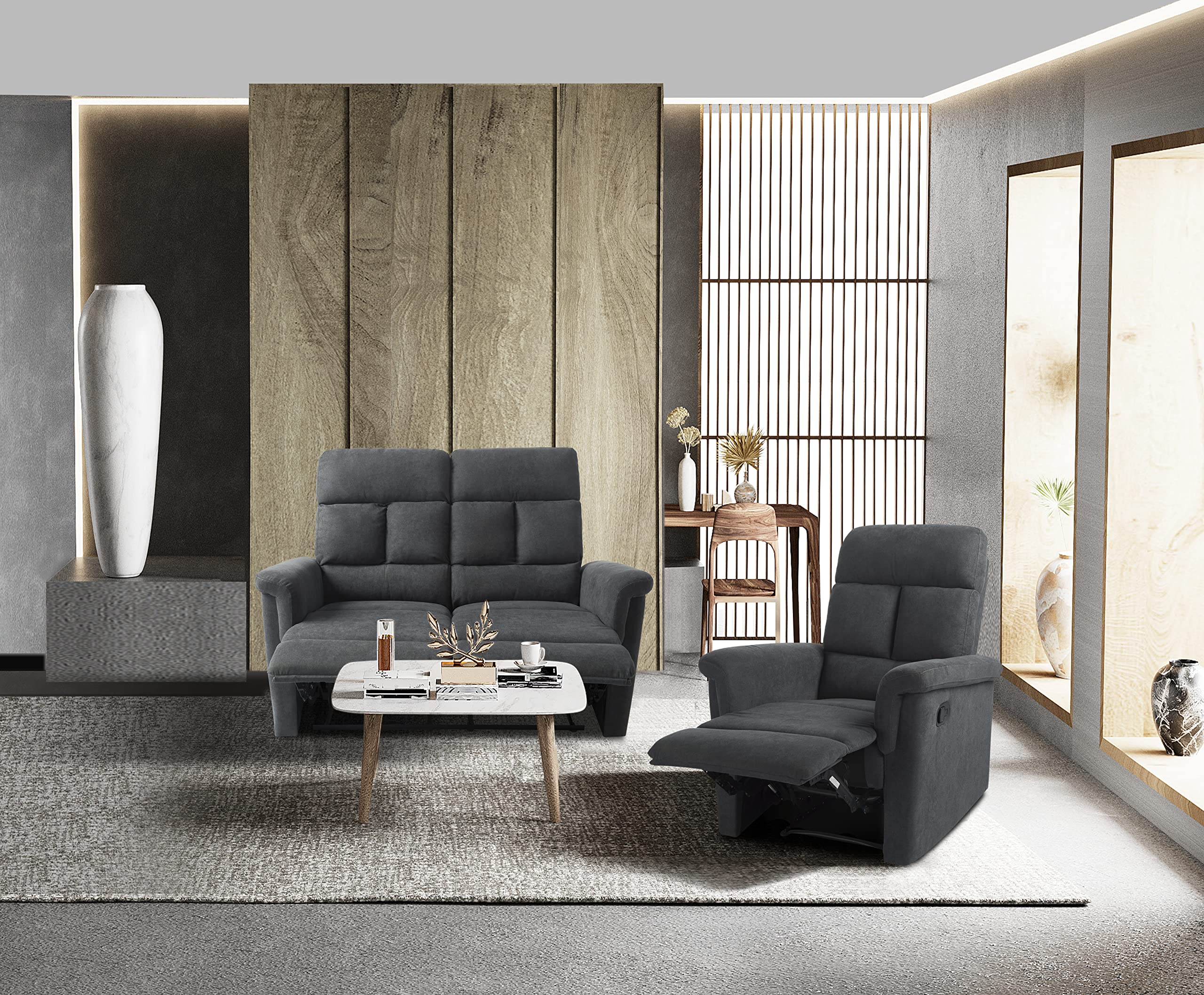 2-Piece Manual Recliner Living Room Furniture Set - Comfortable Sofa and Loveseat for Small Spaces, Home Theater, and Family Rooms - Brown Faux Leather KK Collection