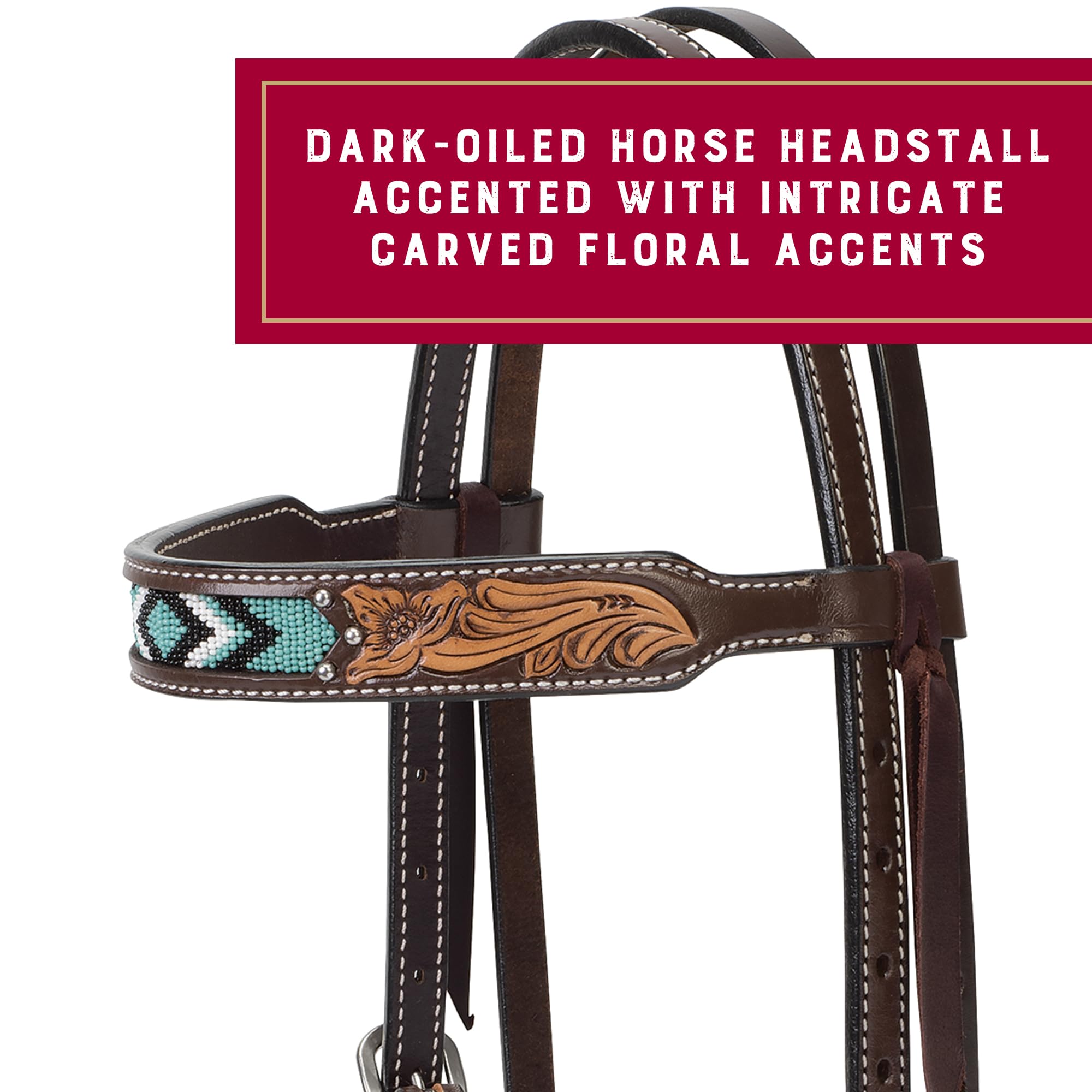 Turquoise Diamond Beaded Leather Horse Headstall - Durable Trail Riding Headstall for Horses - Dark Oil Finish Equine Supplies for Western & Show Riding