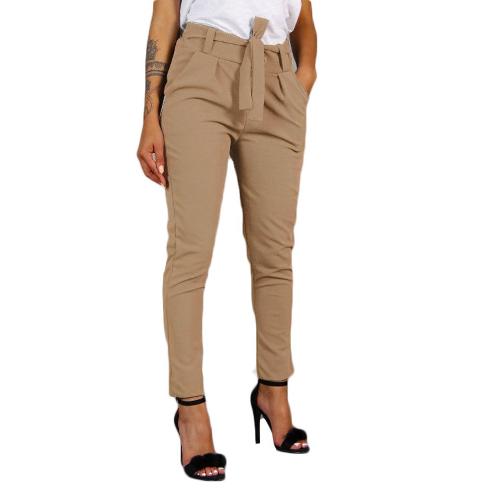 High Waist Work Pants for Women - Slim Fit Paper Bag Waist Cropped Pants with Pockets | Office, Business Casual & Everyday Wear