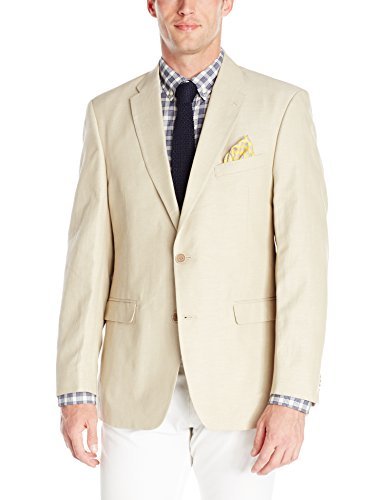 Tommy Hilfiger Men's Slim Fit Tan Cotton-Linen Blend Hopsack Blazer Jacket for Business Casual & Summer Weddings
