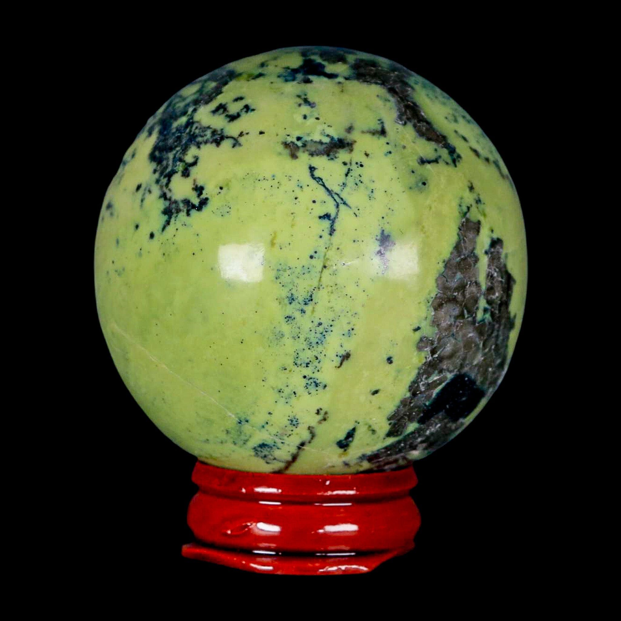 Natural Green & Yellow Serpentine Pyrite Sphere Ball - 54mm XL Size - Handcrafted in Peru with Display Stand | Healing Crystal, Meditation Decor, Feng Shui Home Decor, Mineral Collection Display