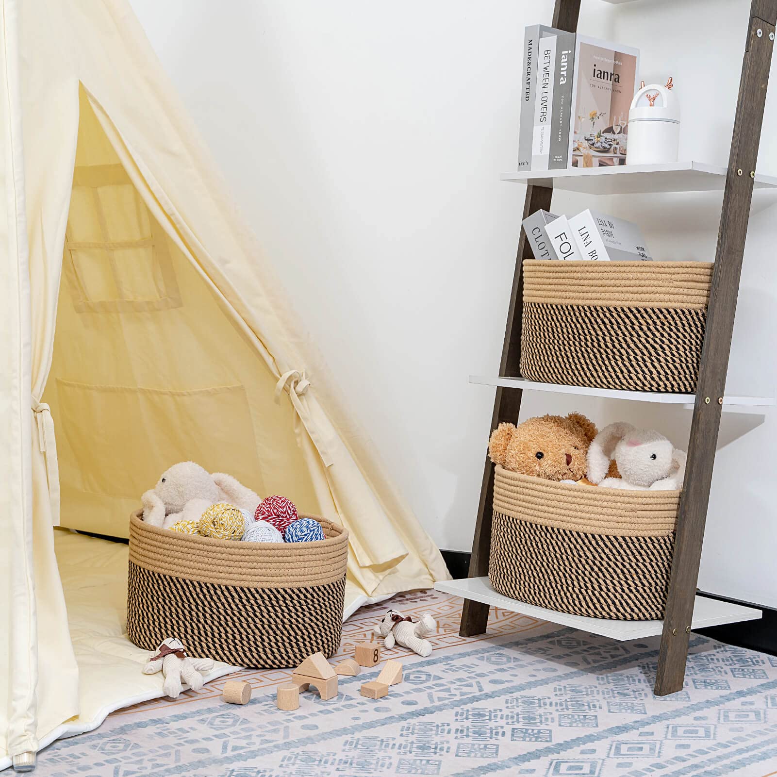 CubesLand 3-Piece Woven Rope Storage Basket Set - Skin-Friendly Cube Shelf Organizer Bins for Closet, Bedroom & Home Decor (Camel/Mixed Black) | Perfect for Toy Storage, Blanket Organization & Stylish Room Decor