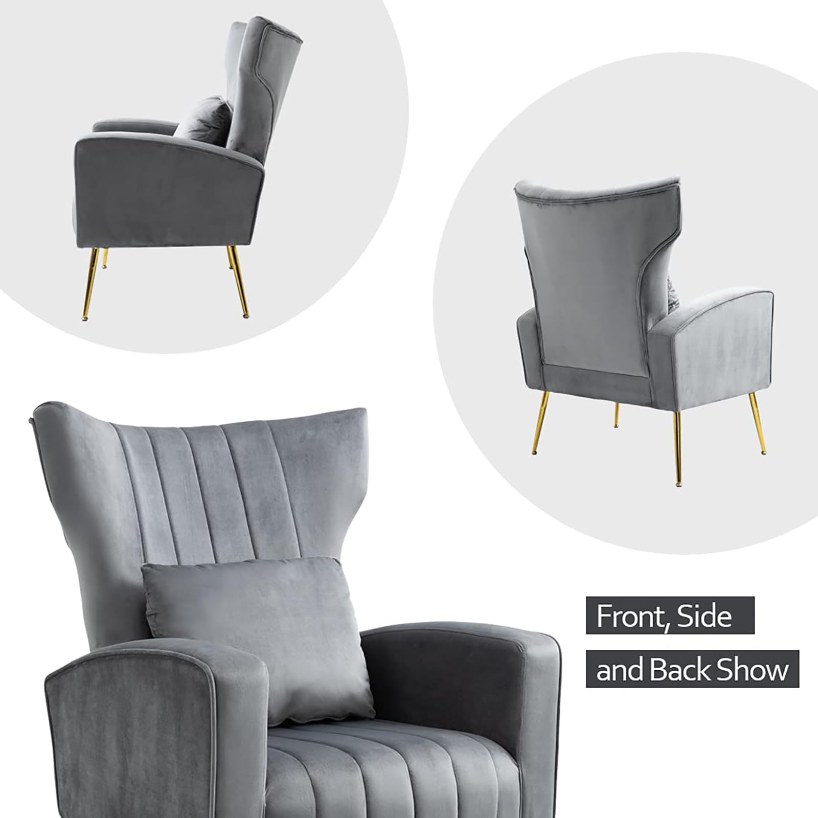 X-VOLSPORT Velvet Accent Chairs Set of 2 - Mid Century Modern High Back Living Room Chairs with Waist Pillow, Upholstered Armchairs with Gold Metal Legs - Perfect for Bedroom, Living Room, Club & Office Decor (Grey)