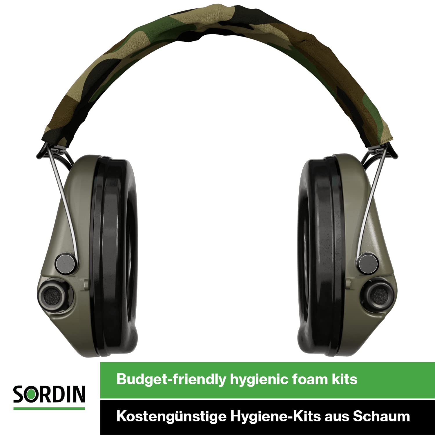 Sordin Supreme PRO X Adjustable Active Safety Ear Muffs - Hearing Protection with Camo Canvas Headband & Green Cups for Shooting, Hunting, Construction & Industrial Work